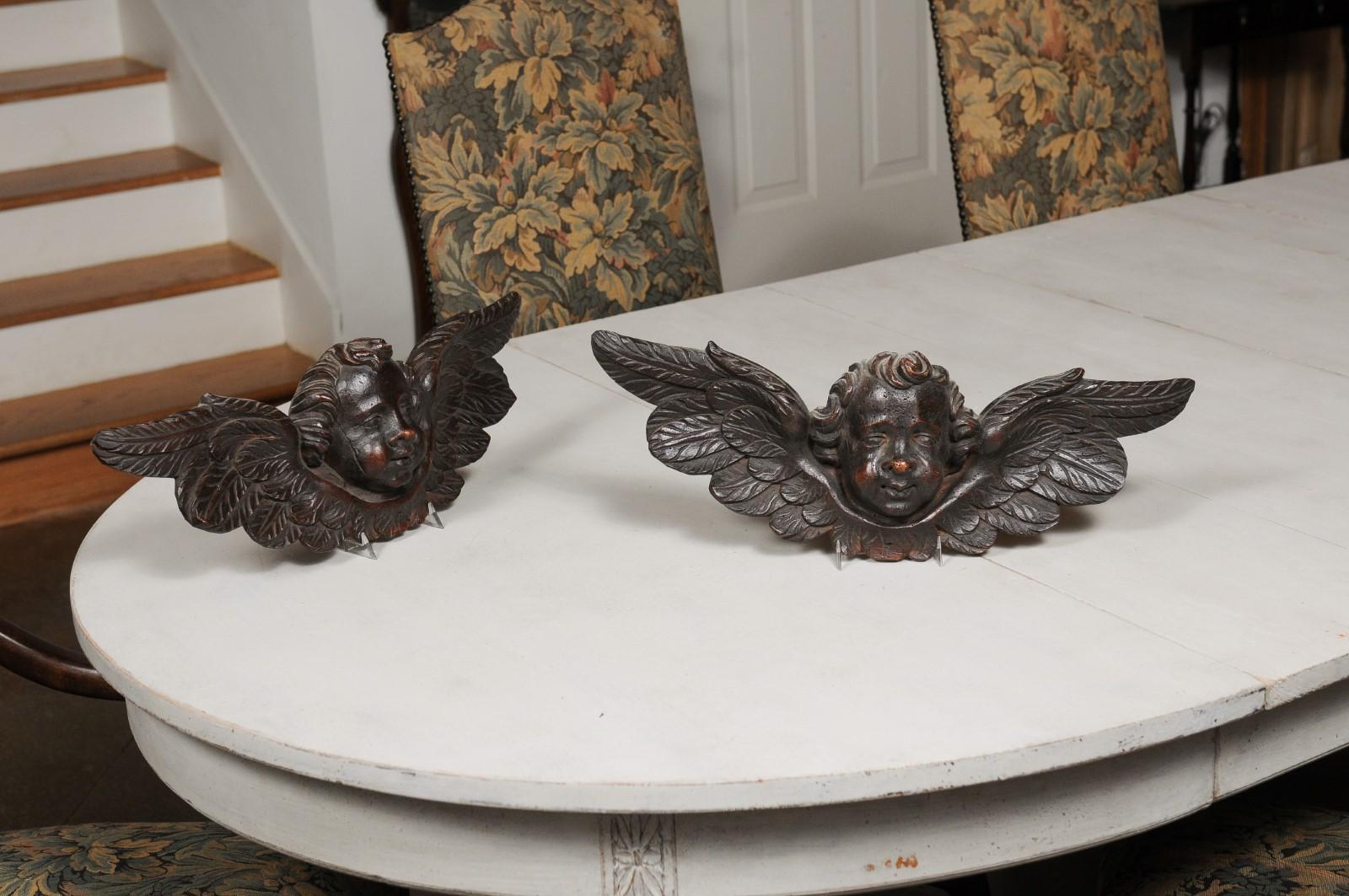 Pair of 19th Century French Baroque Style Carved Wooden Angels with Brown Patina 5