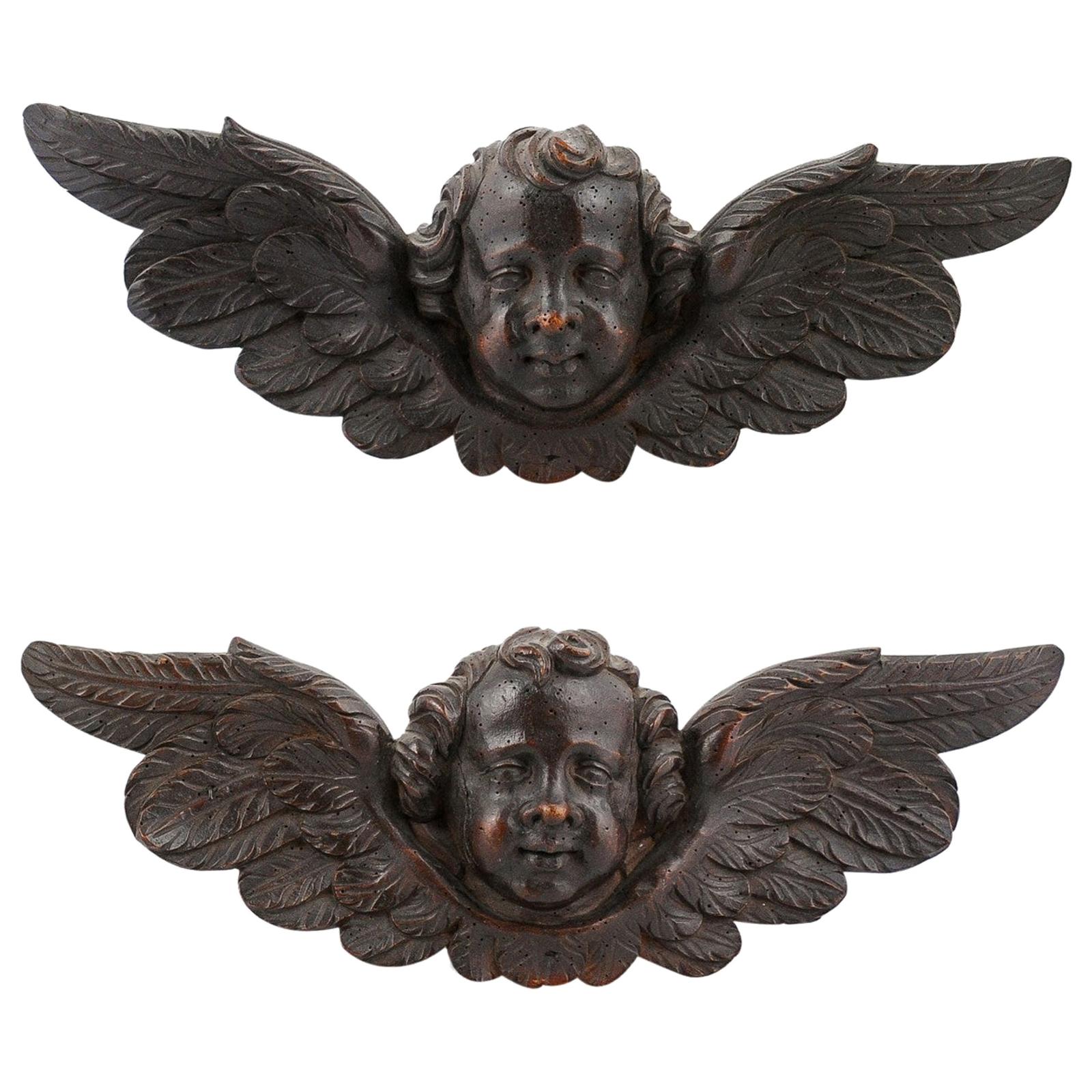 Pair of 19th Century French Baroque Style Carved Wooden Angels with Brown Patina