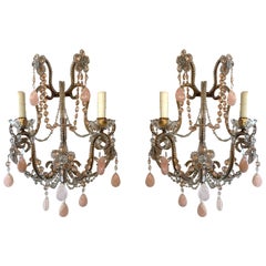 Pair of 19th Century French Beaded Crystal and Rose Quartz Sconces