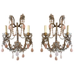 Pair of 19th Century French Beaded Crystal and Rose Quartz Sconces