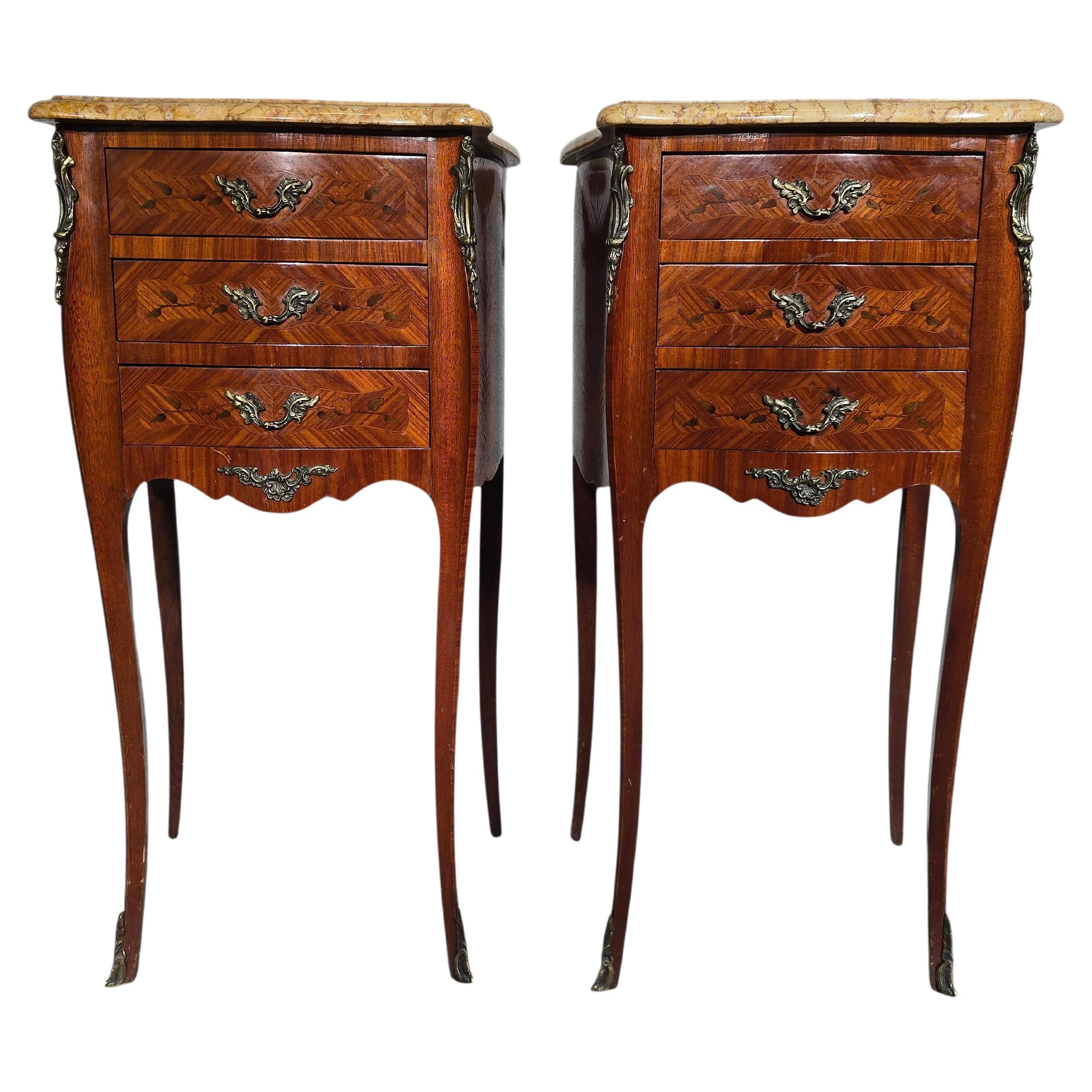 Pair of 19th Century French Bedside Tables in Fruitwood with Siena Marble Tops