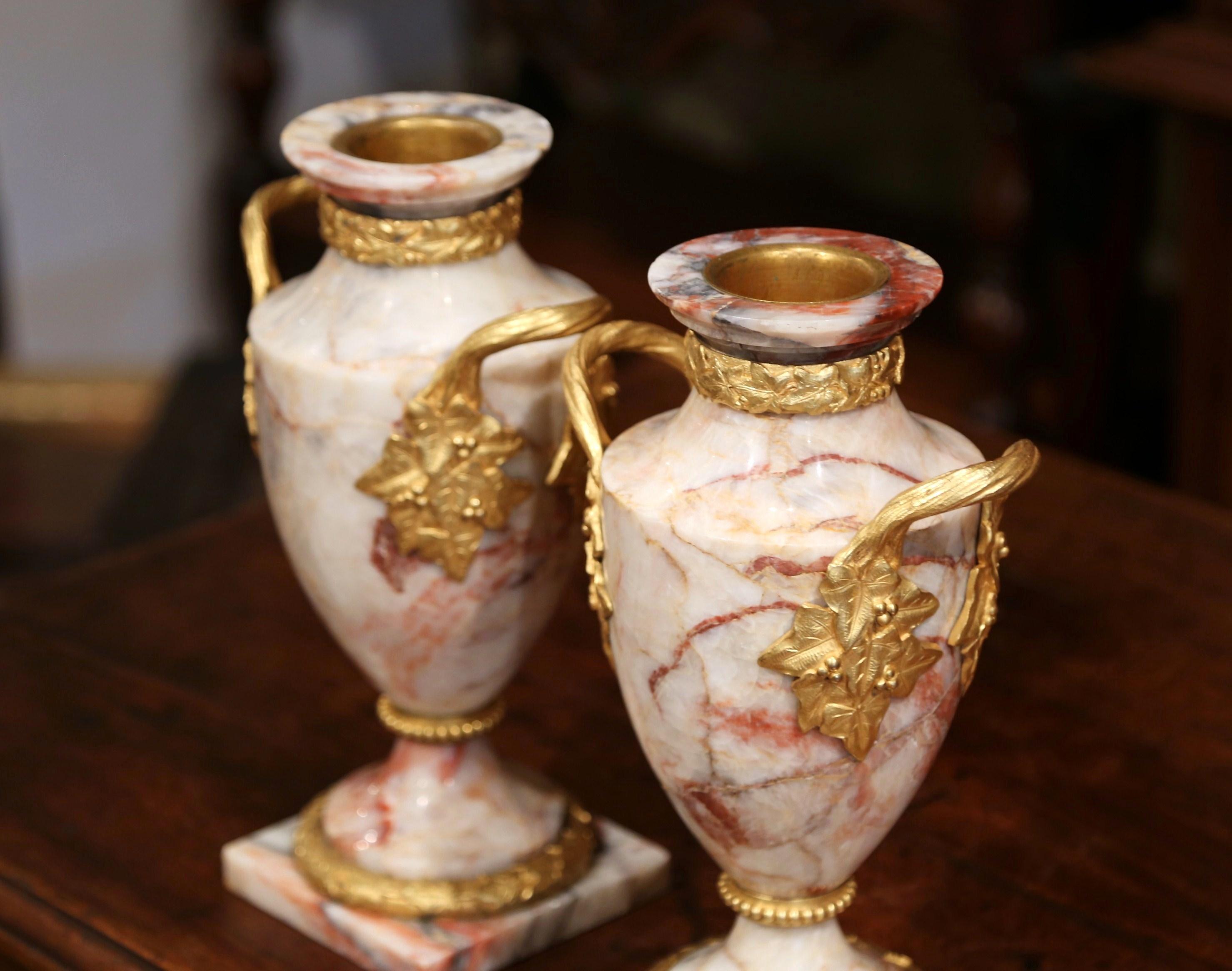 Louis XVI Pair of 19th Century French Marble and Bronze Dore Cassolettes Vases