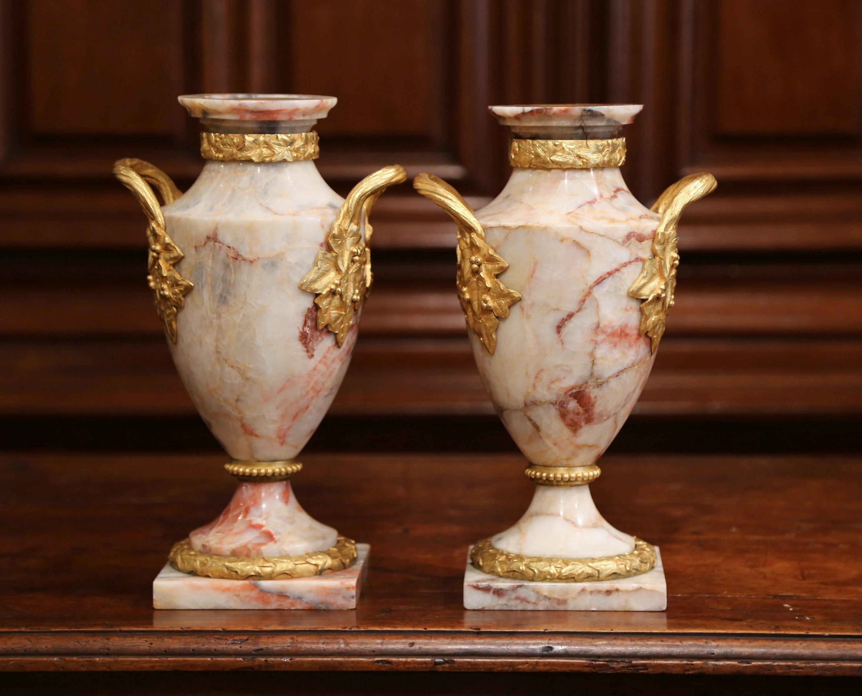 Hand-Carved Pair of 19th Century French Marble and Bronze Dore Cassolettes Vases