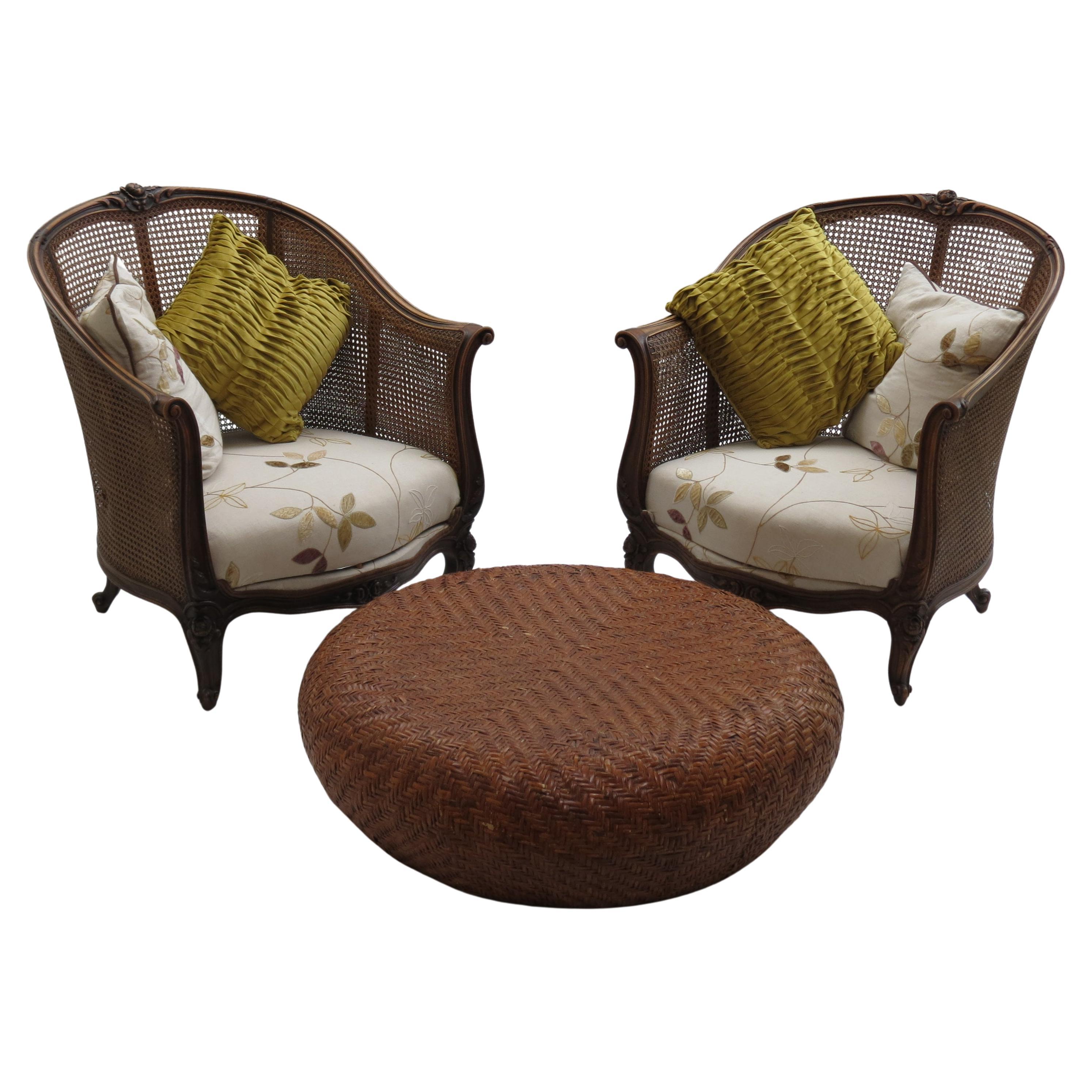 Coppia di sedie da salotto in rattan bergere francesi del XIX secolo in vendita