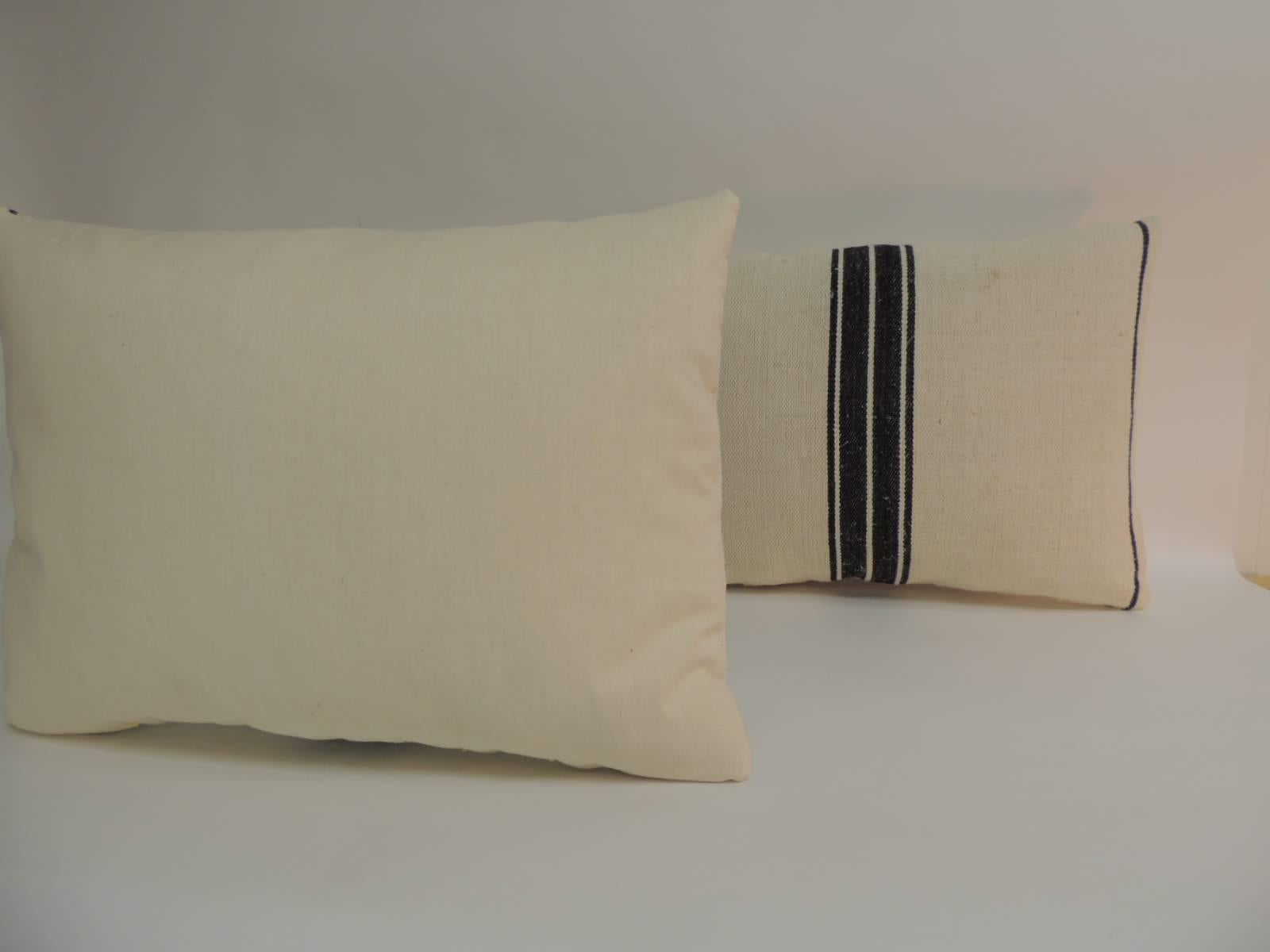 French Provincial Pair of French Black & Natural Woven Grain Sack Stripes Decorative Pillows