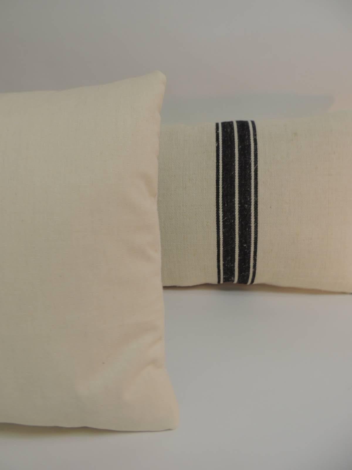 Hand-Crafted Pair of French Black & Natural Woven Grain Sack Stripes Decorative Pillows