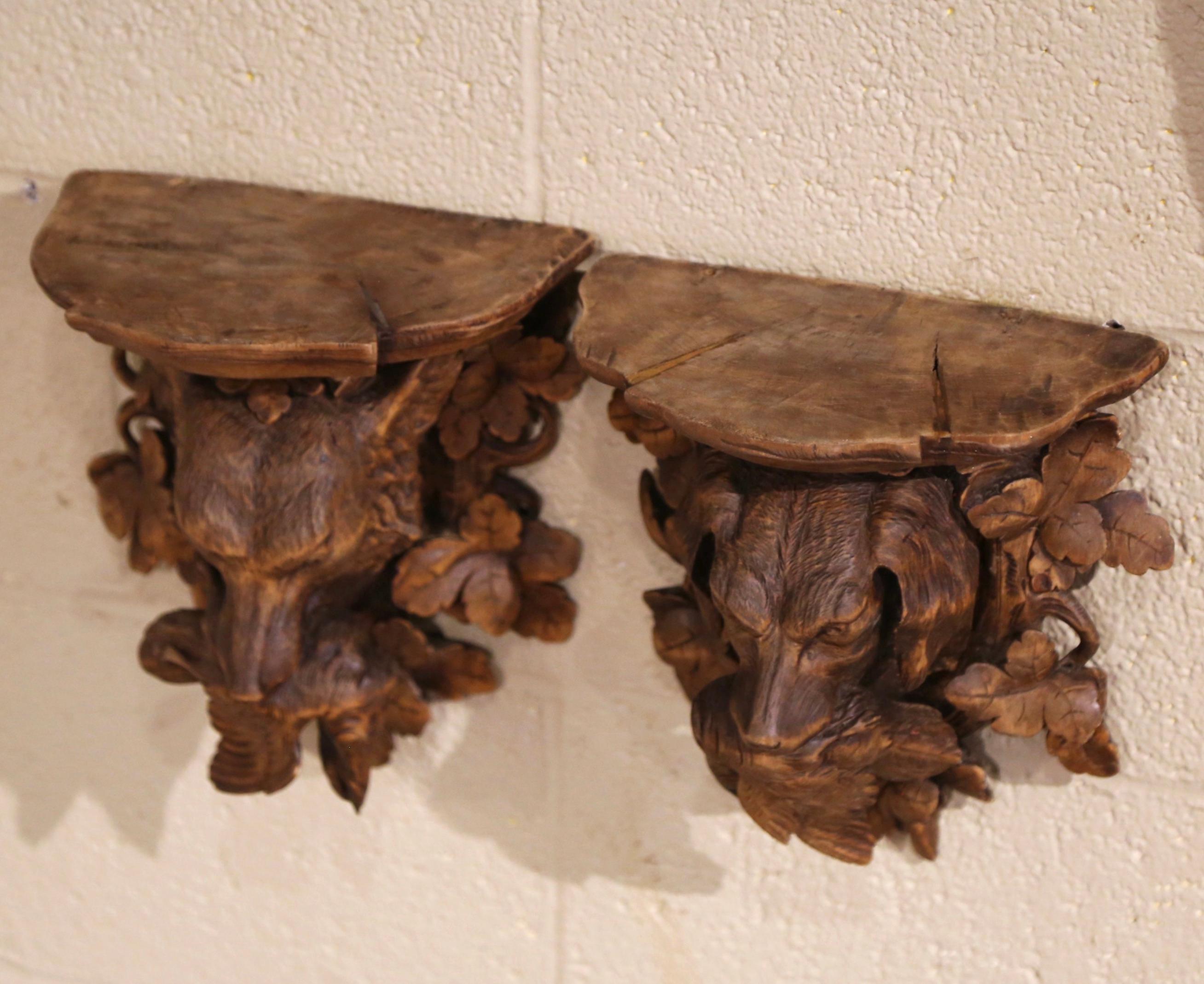 Hand-Carved Pair of 19th Century French Black Forest Carved Walnut Hanging Shelves with Dog