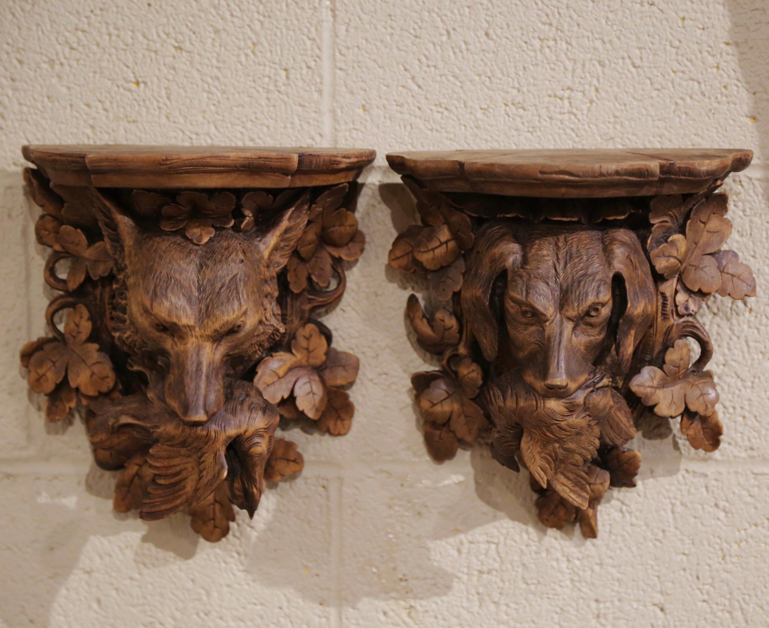 Pair of 19th Century French Black Forest Carved Walnut Hanging Shelves with Dog 2