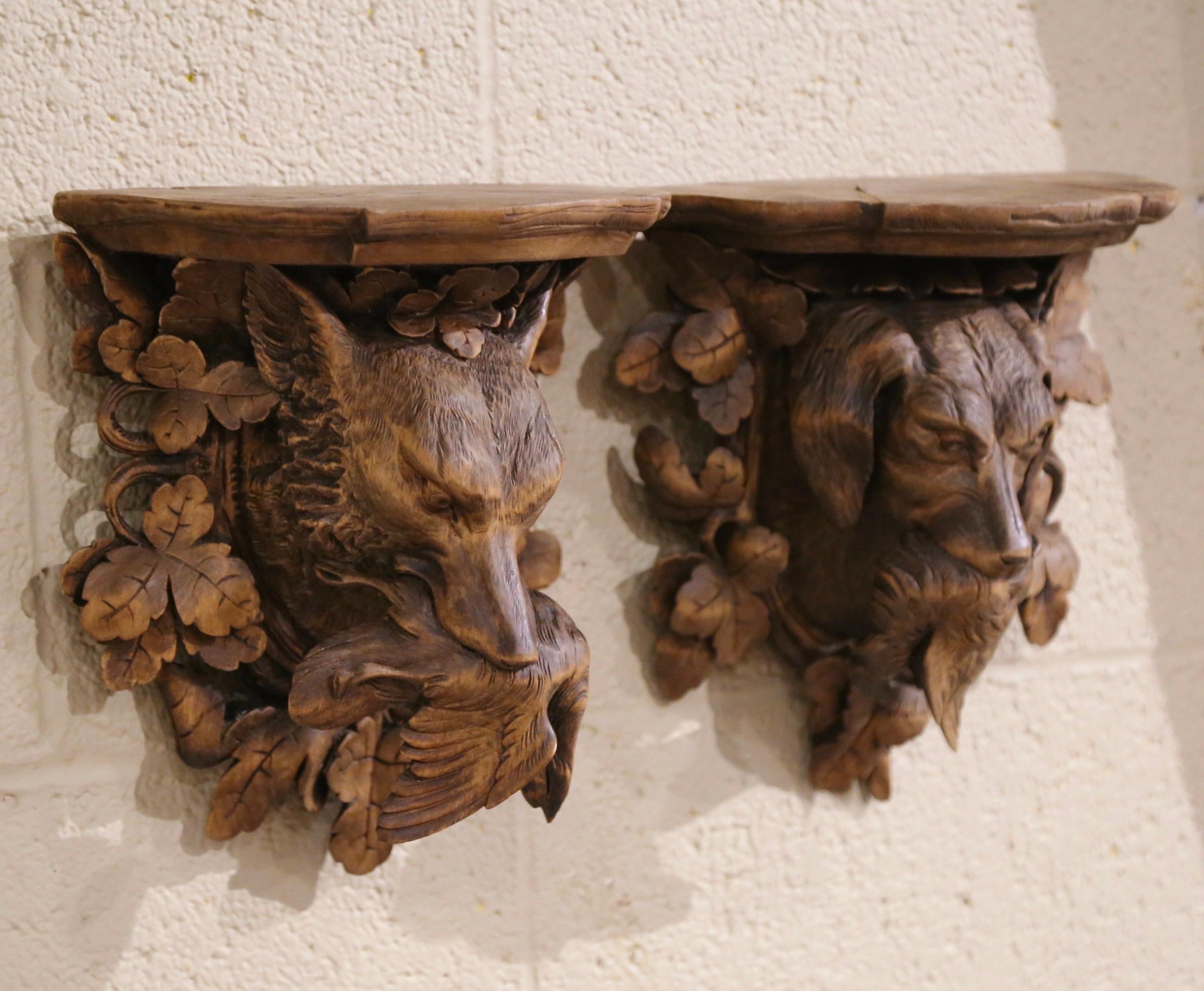 Pair of 19th Century French Black Forest Carved Walnut Hanging Shelves with Dog 4