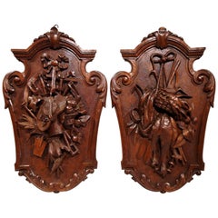 Pair of 19th Century French Black Forest Carved Walnut Wall Trophy Sculptures Antique Pair of 19th Century French Black Forest Carved Walnut Wall Trophy Sculptures