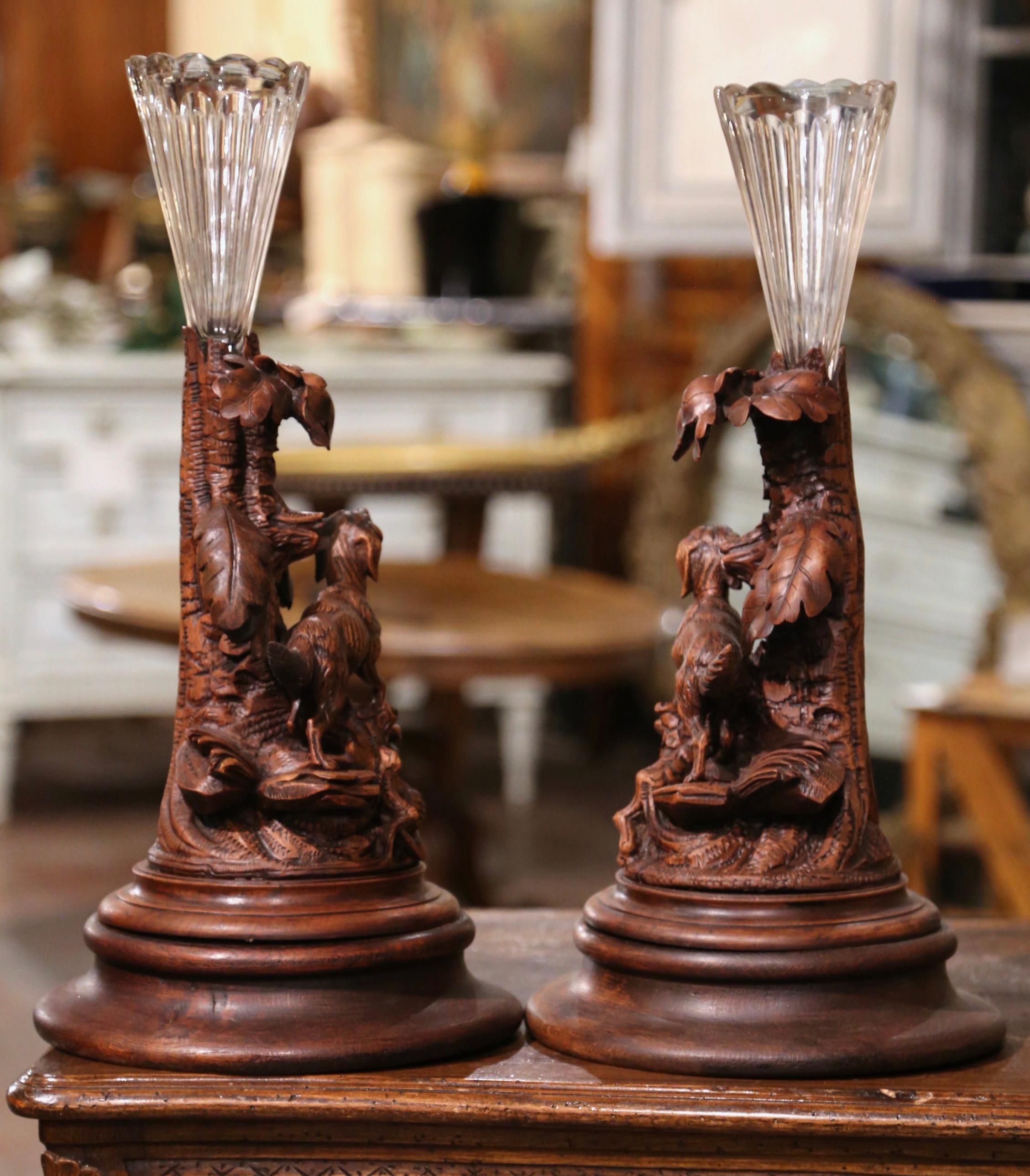 Pair of 19th Century French Black Forest Crystal Vases with Dog Sculptures  For Sale 6