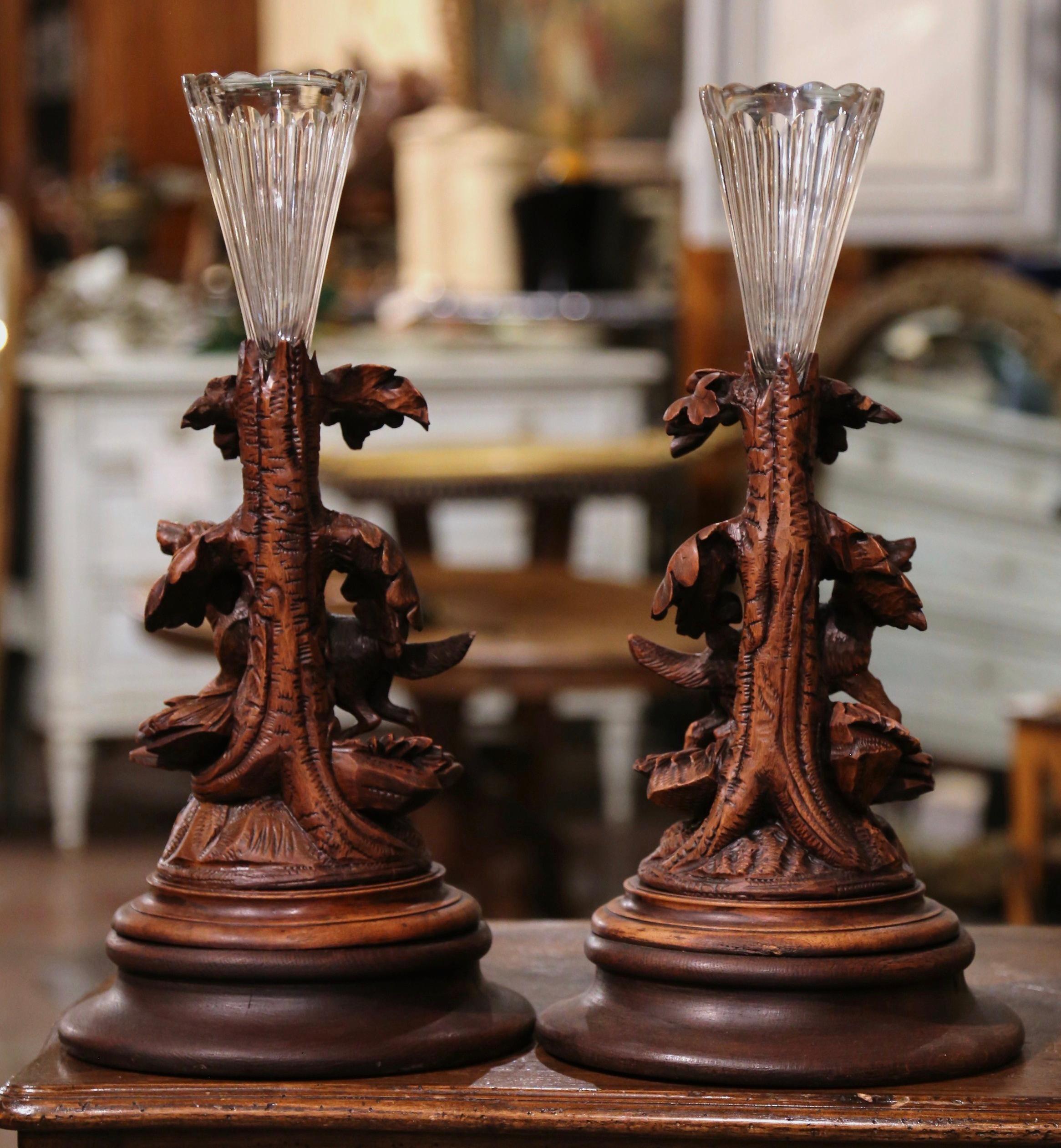 Pair of 19th Century French Black Forest Crystal Vases with Dog Sculptures  For Sale 8