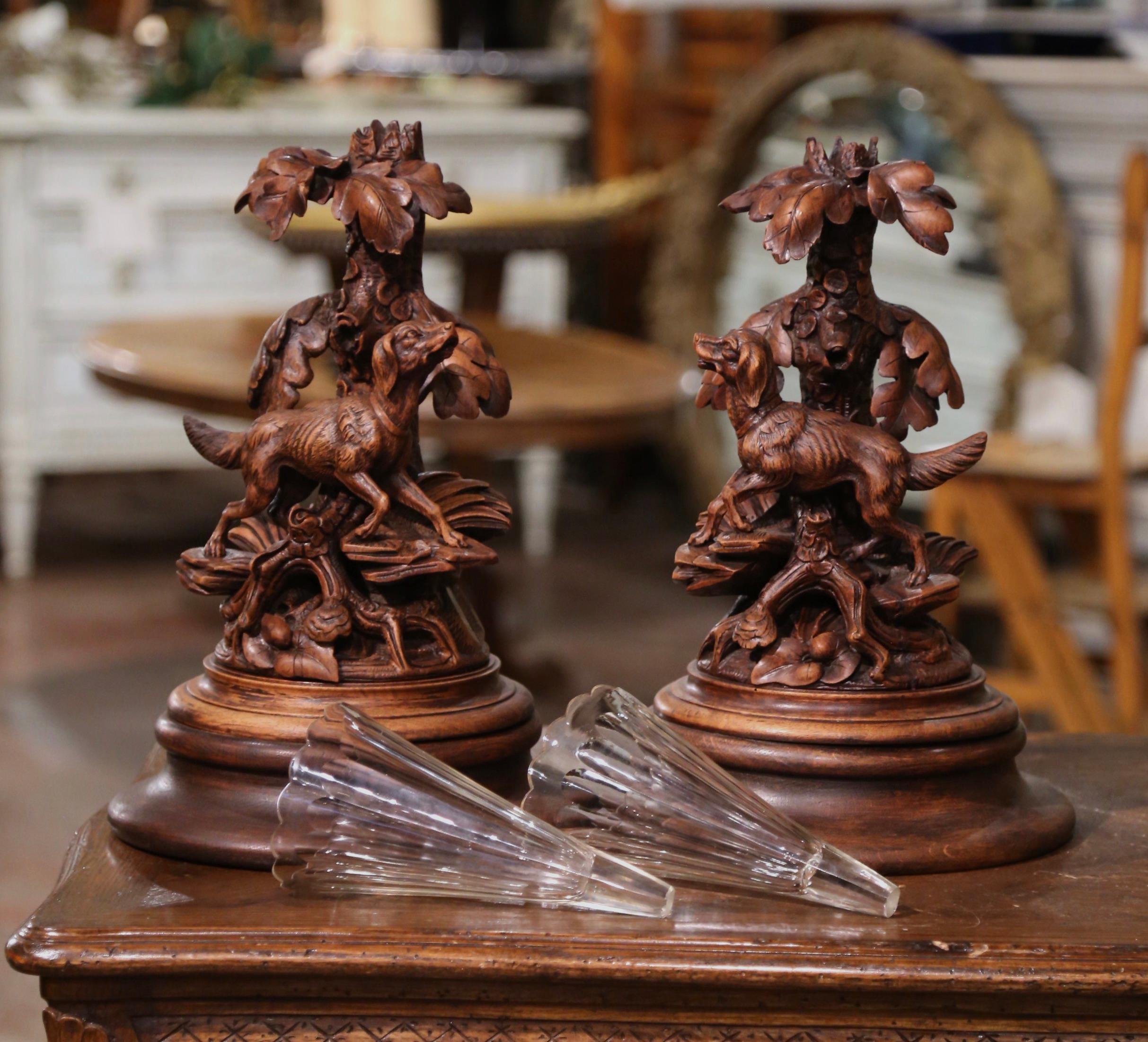 Pair of 19th Century French Black Forest Crystal Vases with Dog Sculptures  For Sale 10