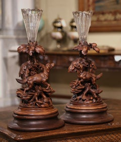 Pair of 19th Century French Black Forest Crystal Vases with Dog Sculptures