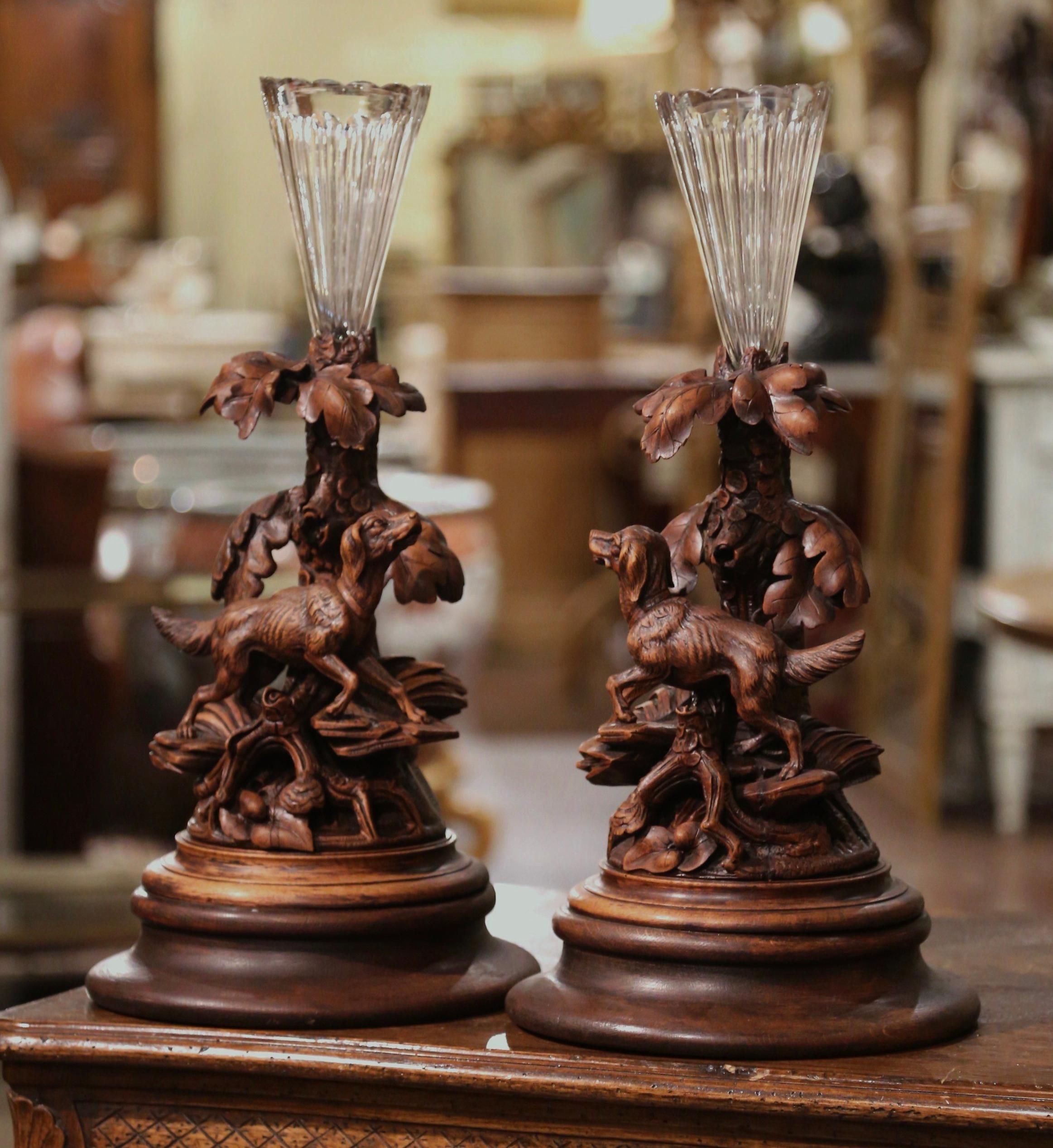 Patinated Pair of 19th Century French Black Forest Crystal Vases with Dog Sculptures  For Sale