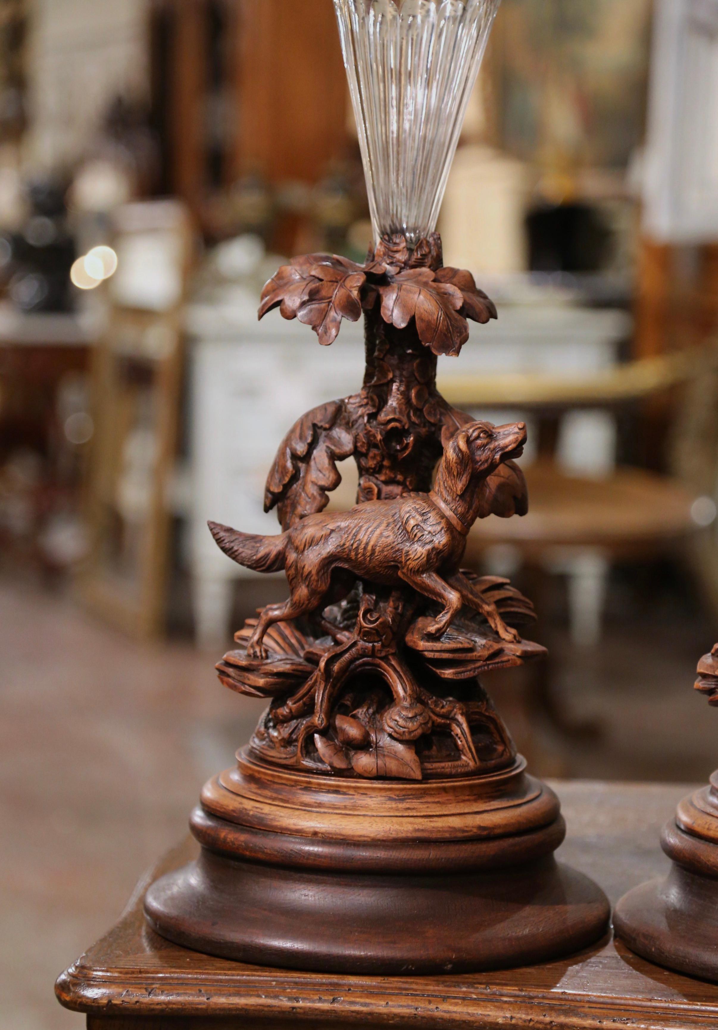 Pair of 19th Century French Black Forest Crystal Vases with Dog Sculptures  In Excellent Condition For Sale In Dallas, TX