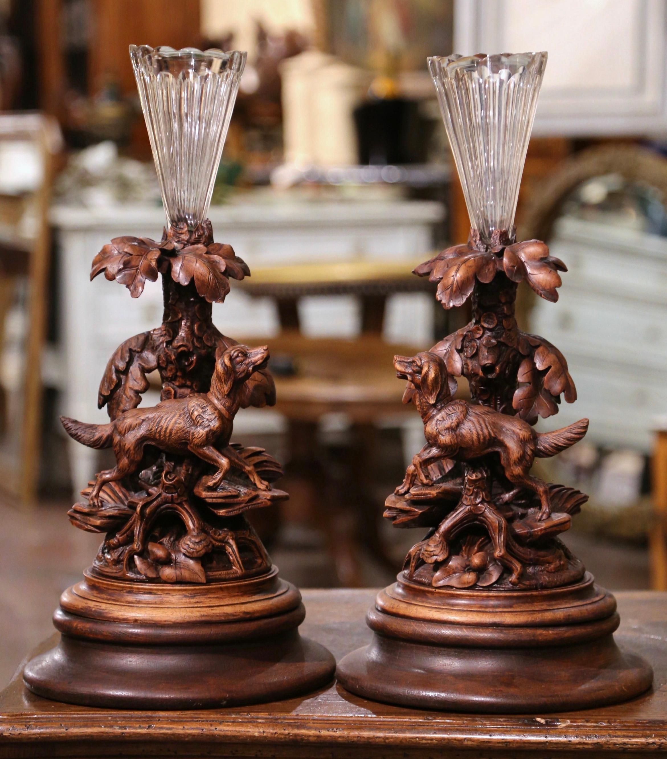 Pair of 19th Century French Black Forest Crystal Vases with Dog Sculptures  For Sale 2