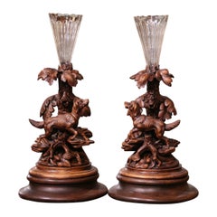 Antique Pair of 19th Century French Black Forest Crystal Vases with Dog Sculptures