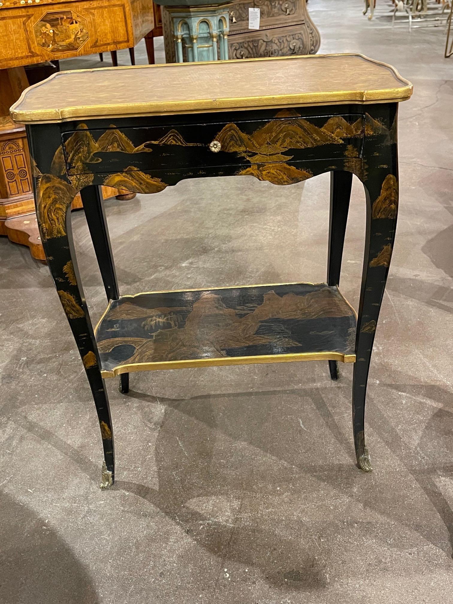Hand-Painted Pair of 19th Century French Black Lacquered Chinoiserie Side Tables