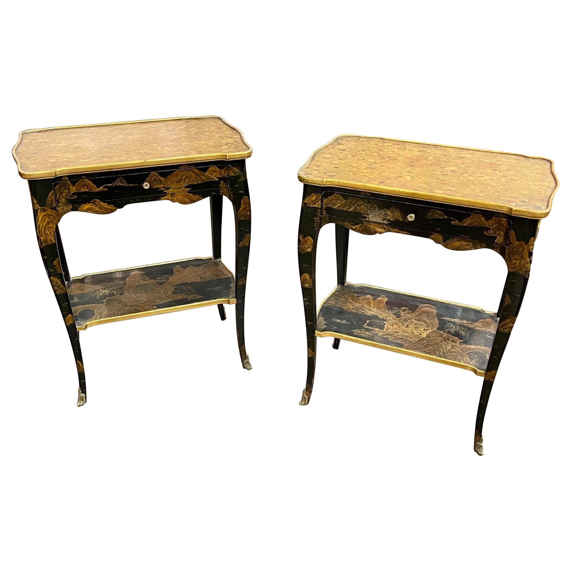 Pair of 19th Century French Black Lacquered Chinoiserie Side Tables