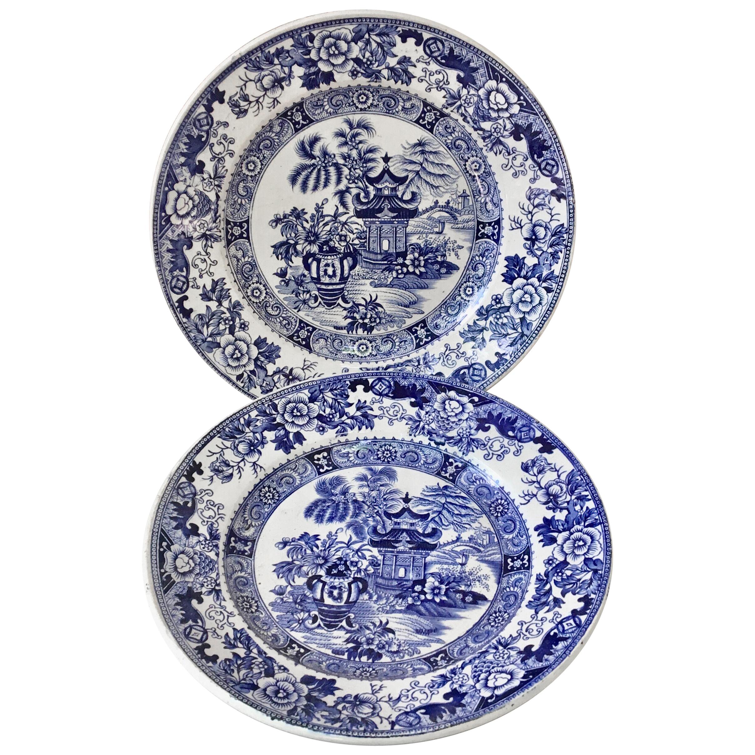 Pair of 19th Century French Blue and White Chinoiserie Plate Creil et Montereau
