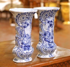 Pair of 19th Century French Blue and White Delft Vases with Pastoral Scenes