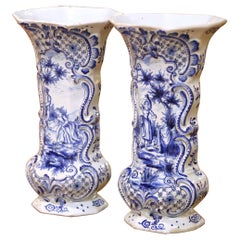 Pair of 19th Century French Blue and White Delft Vases with Pastoral Scenes
