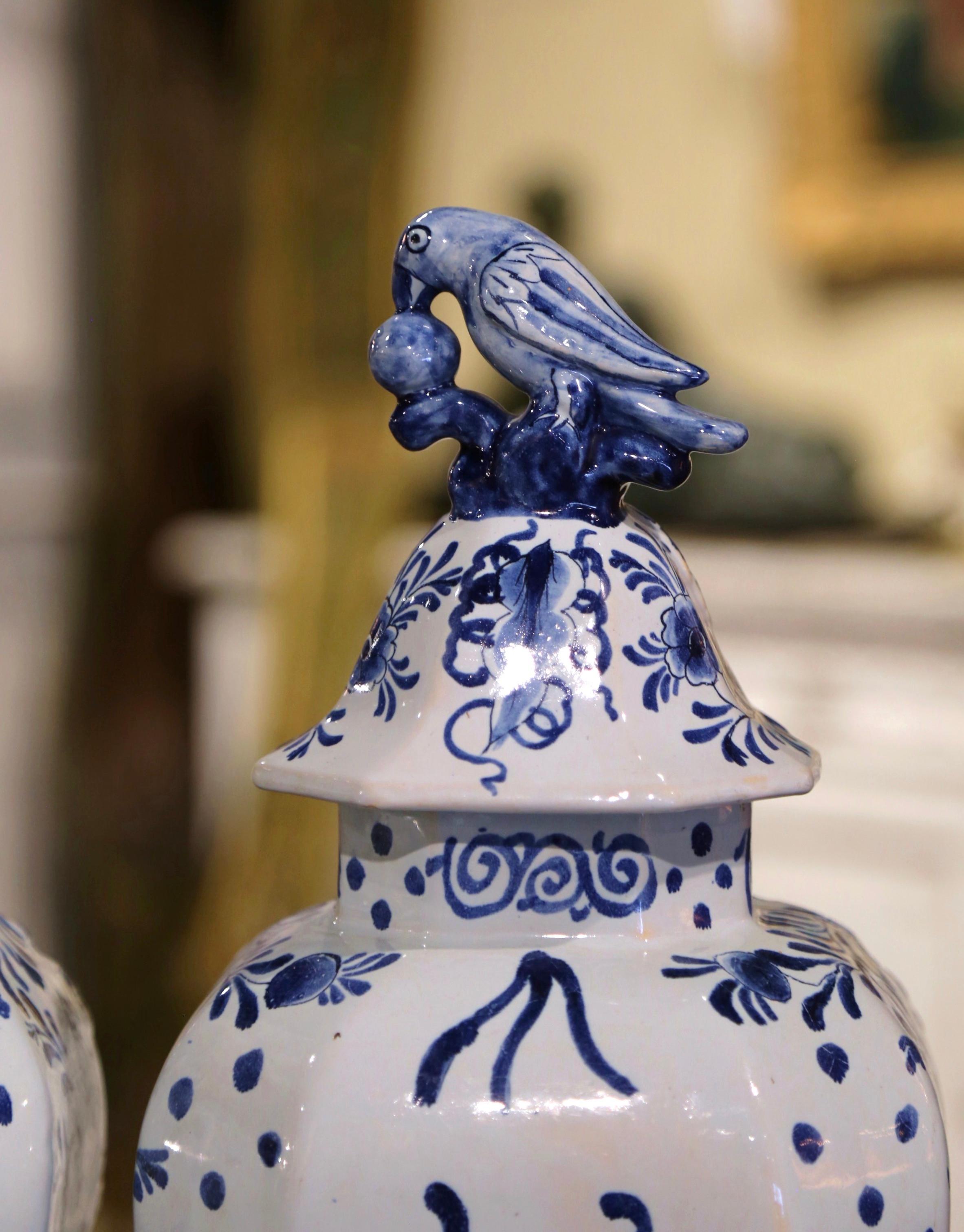 Louis XV Pair of 19th Century French Blue and White Faience Delft Vases with Parrot Lids