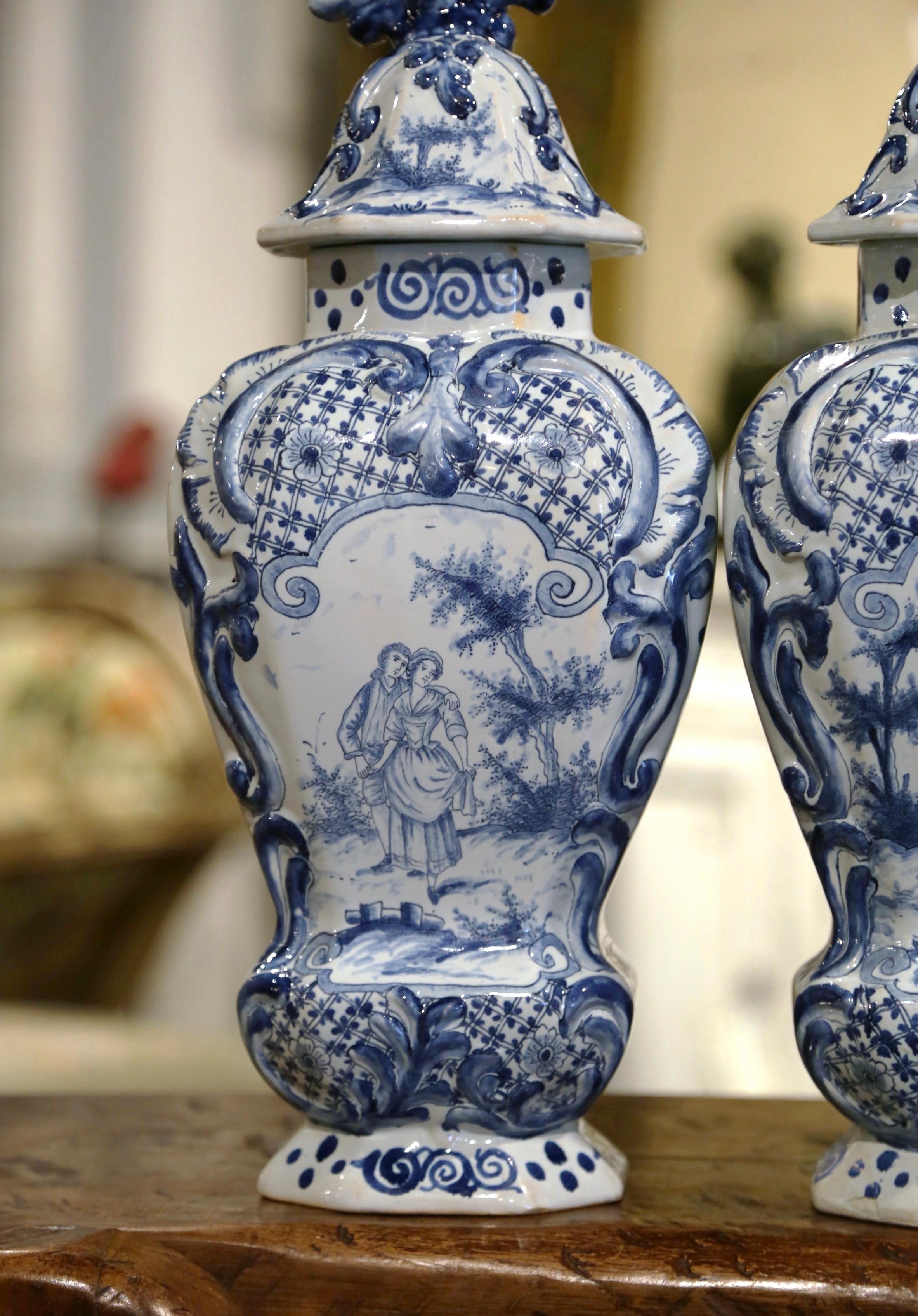 Ceramic Pair of 19th Century French Blue and White Faience Delft Vases with Parrot Lids