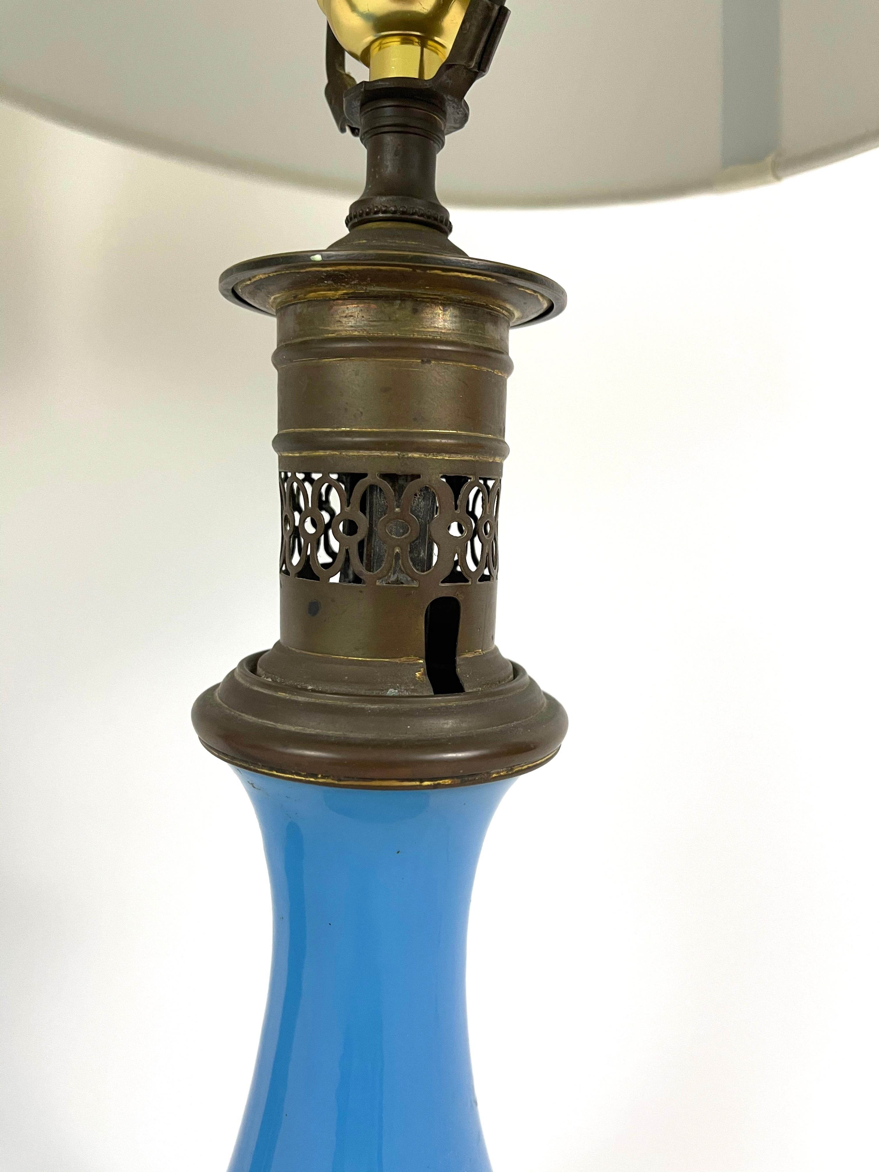 Pair of 19th Century French Blue Opaline Glass Lamps In Good Condition In Essex, MA
