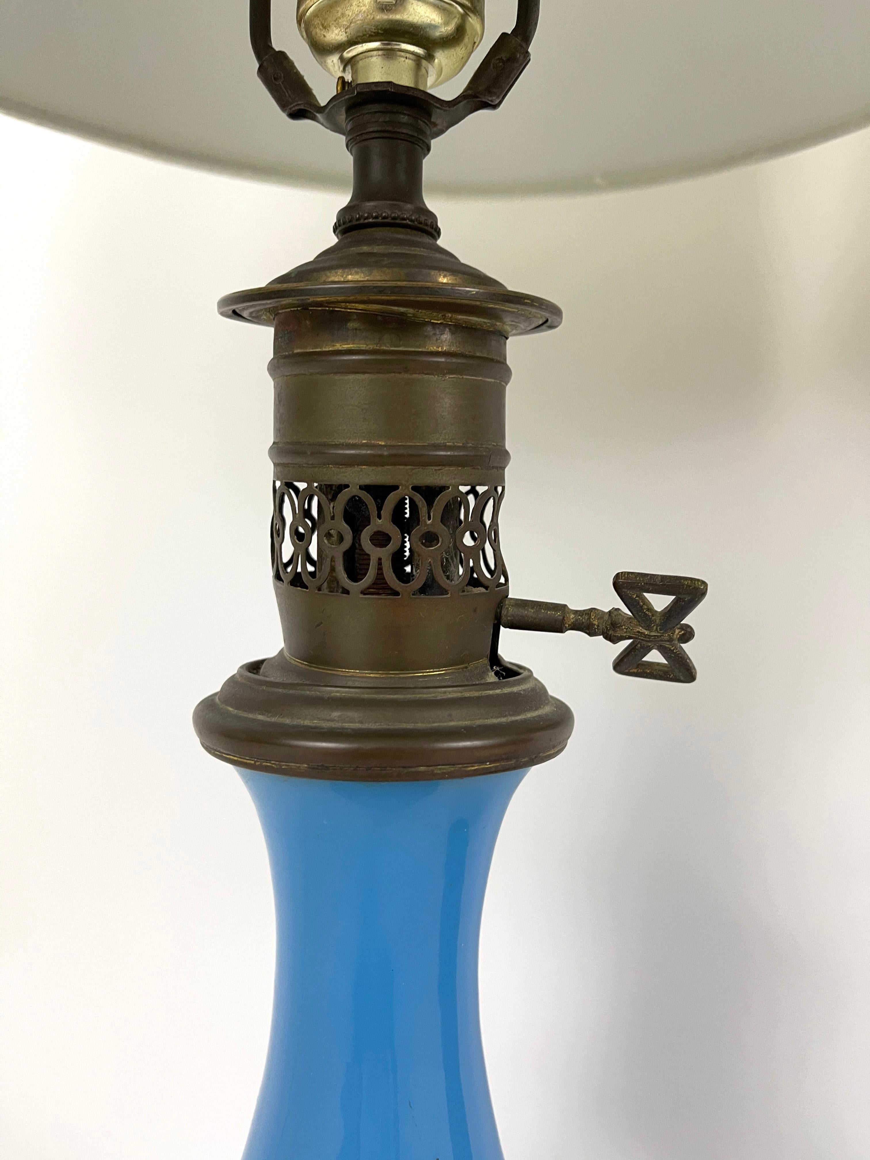 Late 19th Century Pair of 19th Century French Blue Opaline Glass Lamps