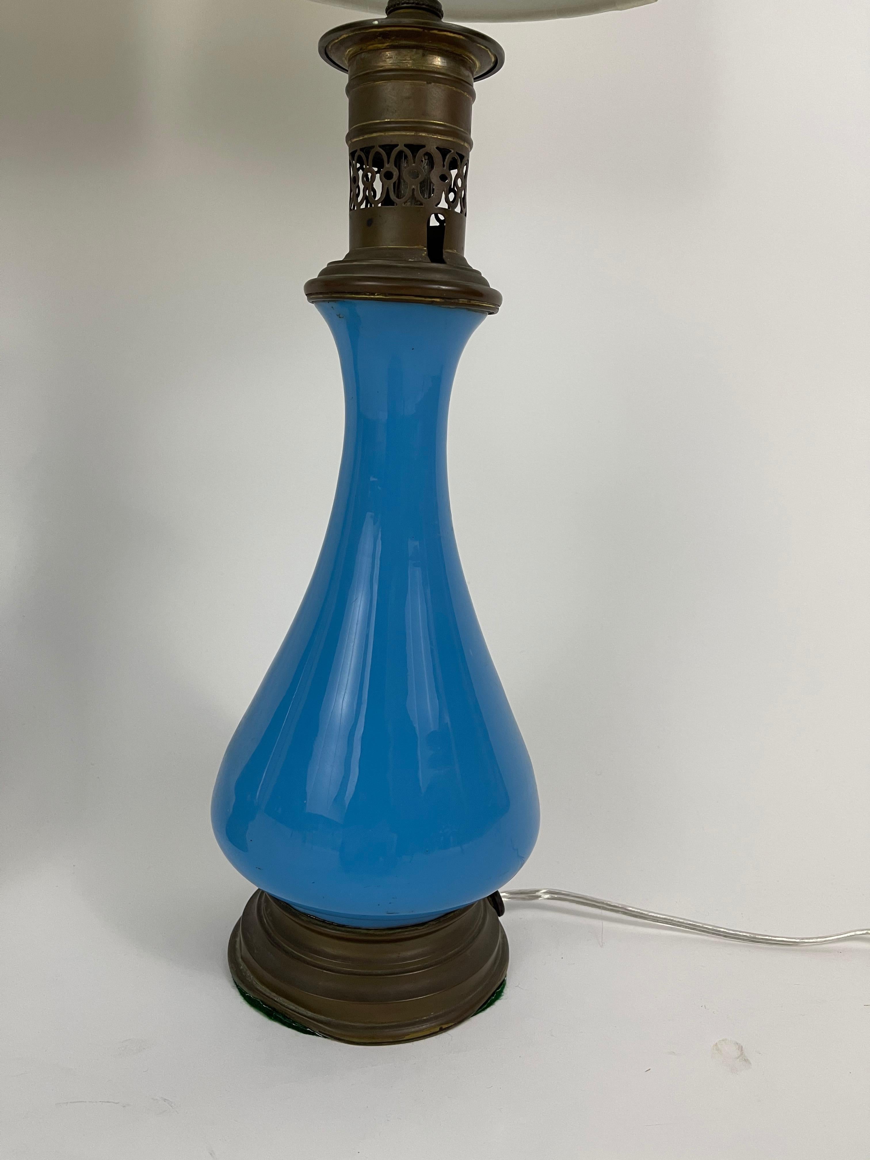 Brass Pair of 19th Century French Blue Opaline Glass Lamps