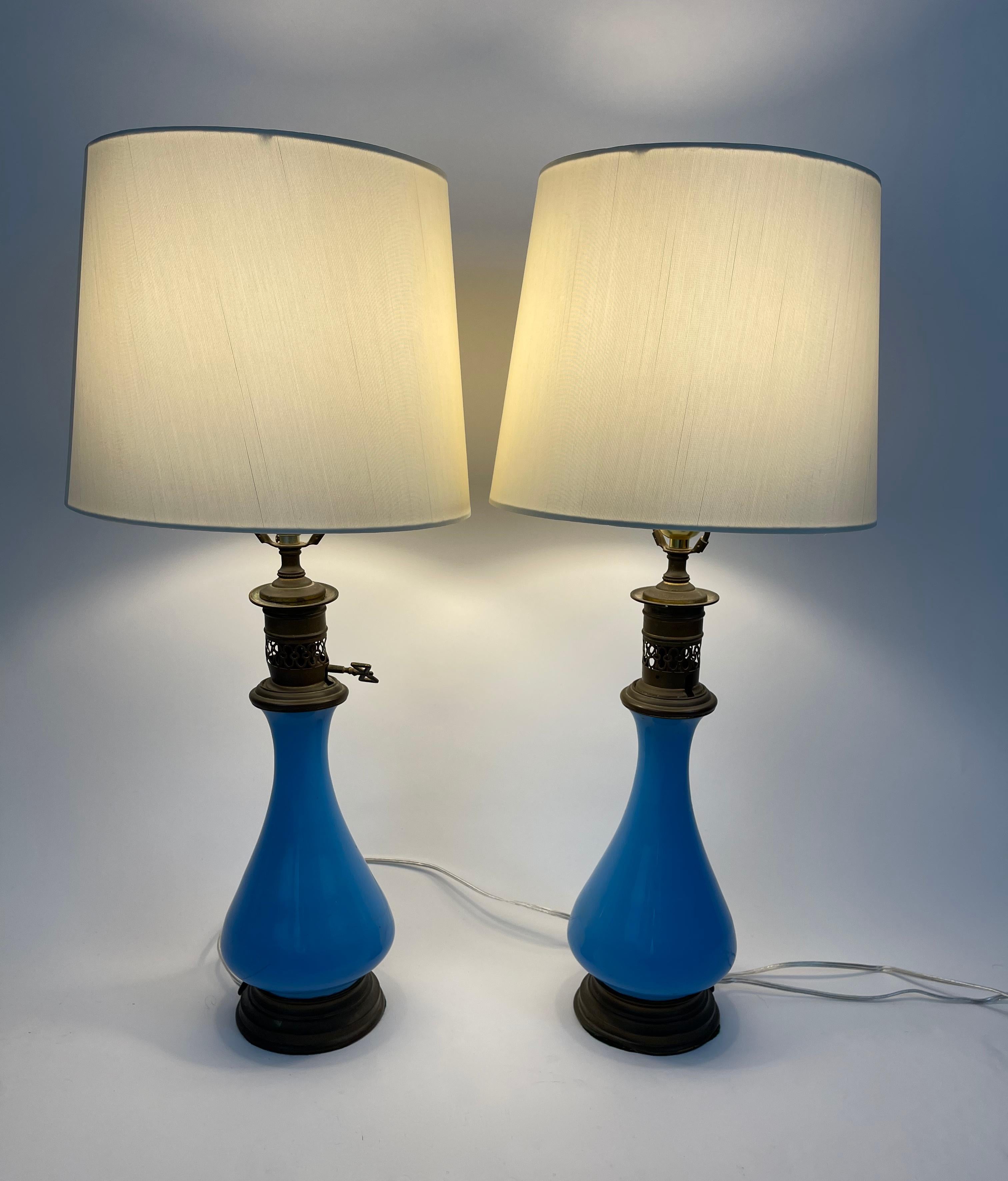 Pair of 19th Century French Blue Opaline Glass Lamps 3