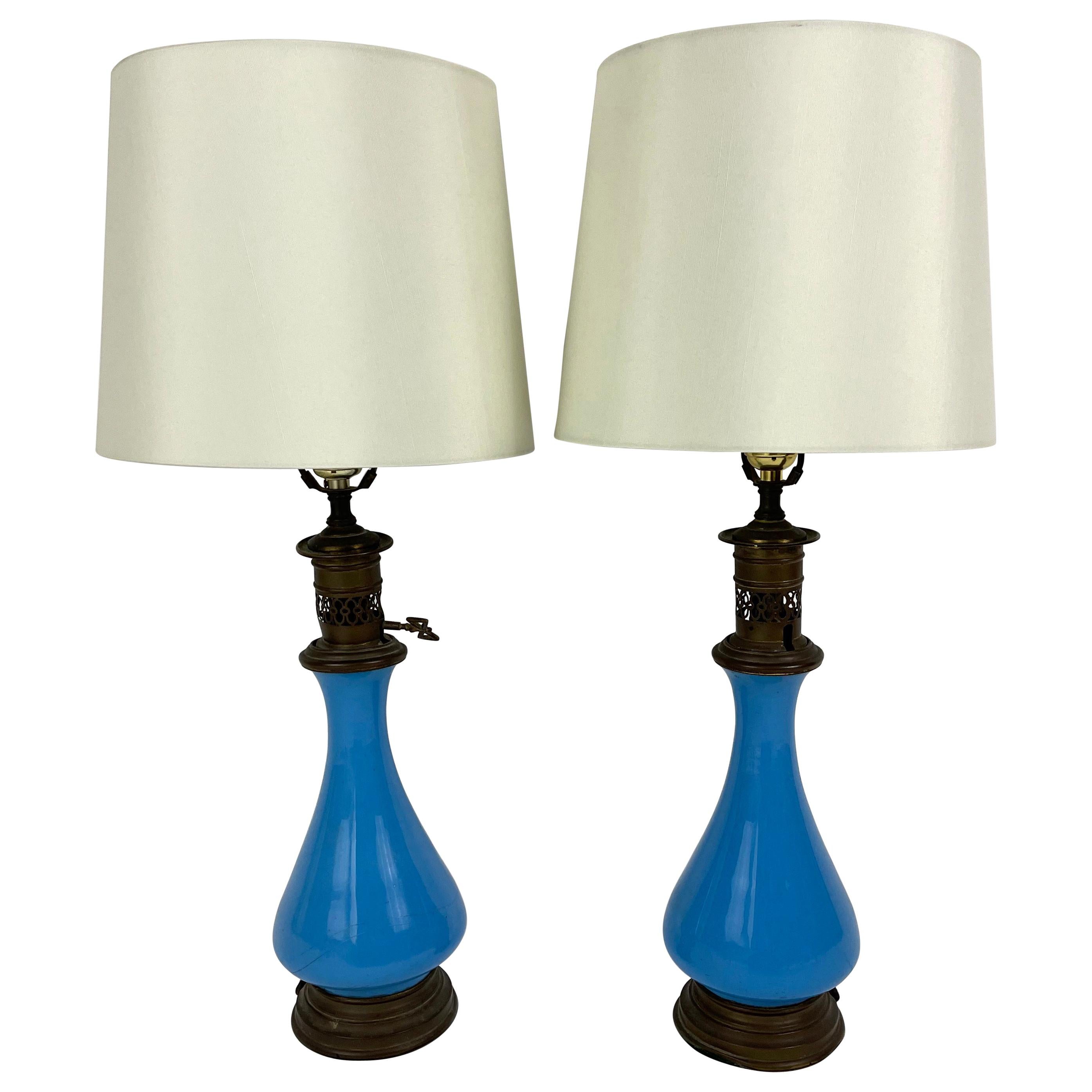 Pair of 19th Century French Blue Opaline Glass Lamps