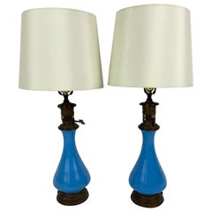 Pair of 19th Century French Blue Opaline Glass Lamps