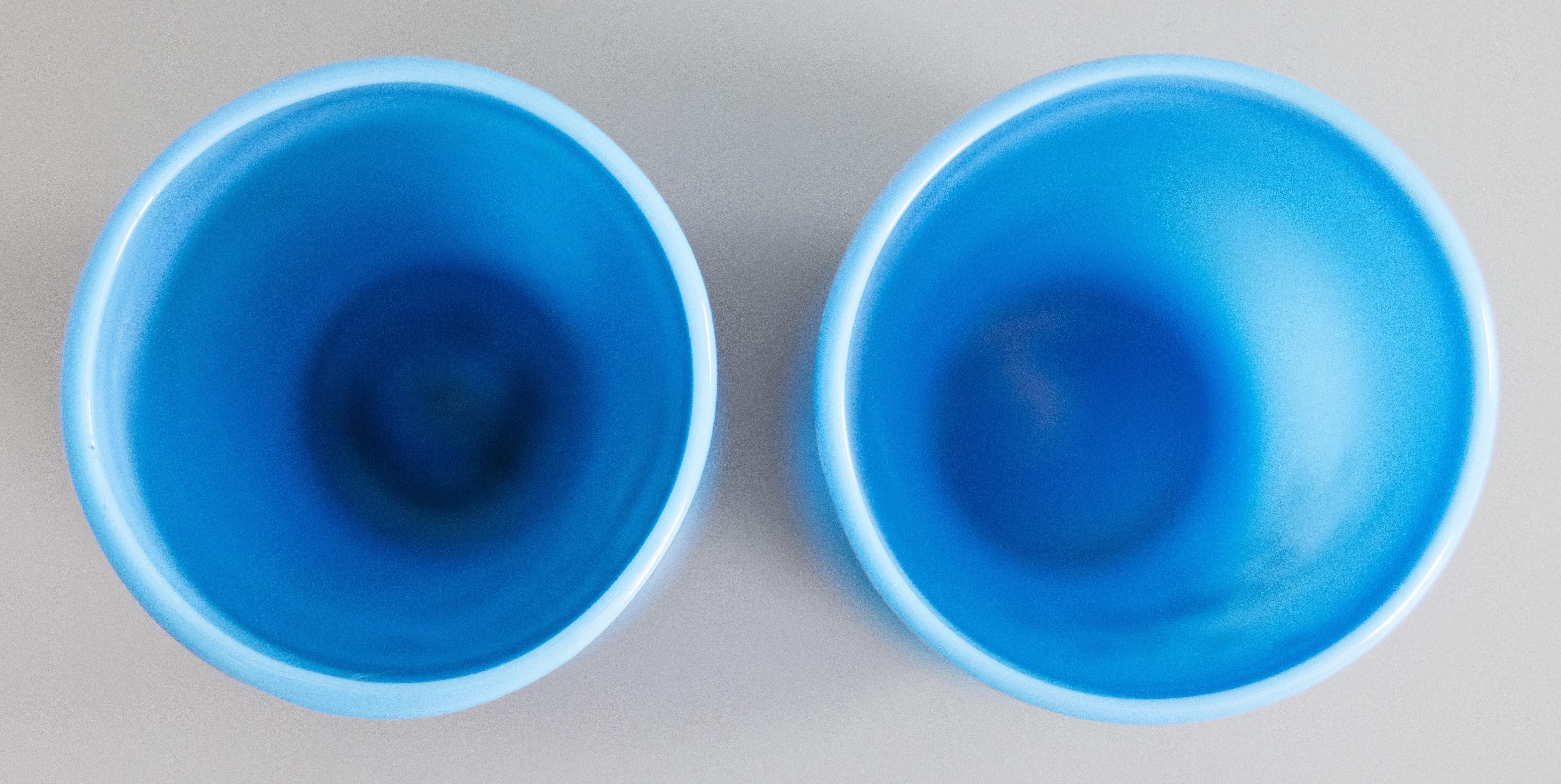 Hand-Painted Pair of 19th Century French Blue Opaline Vases For Sale