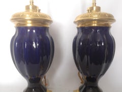 Pair of 19th Century French Blue Porcelain and Gilt Bronze Lamps