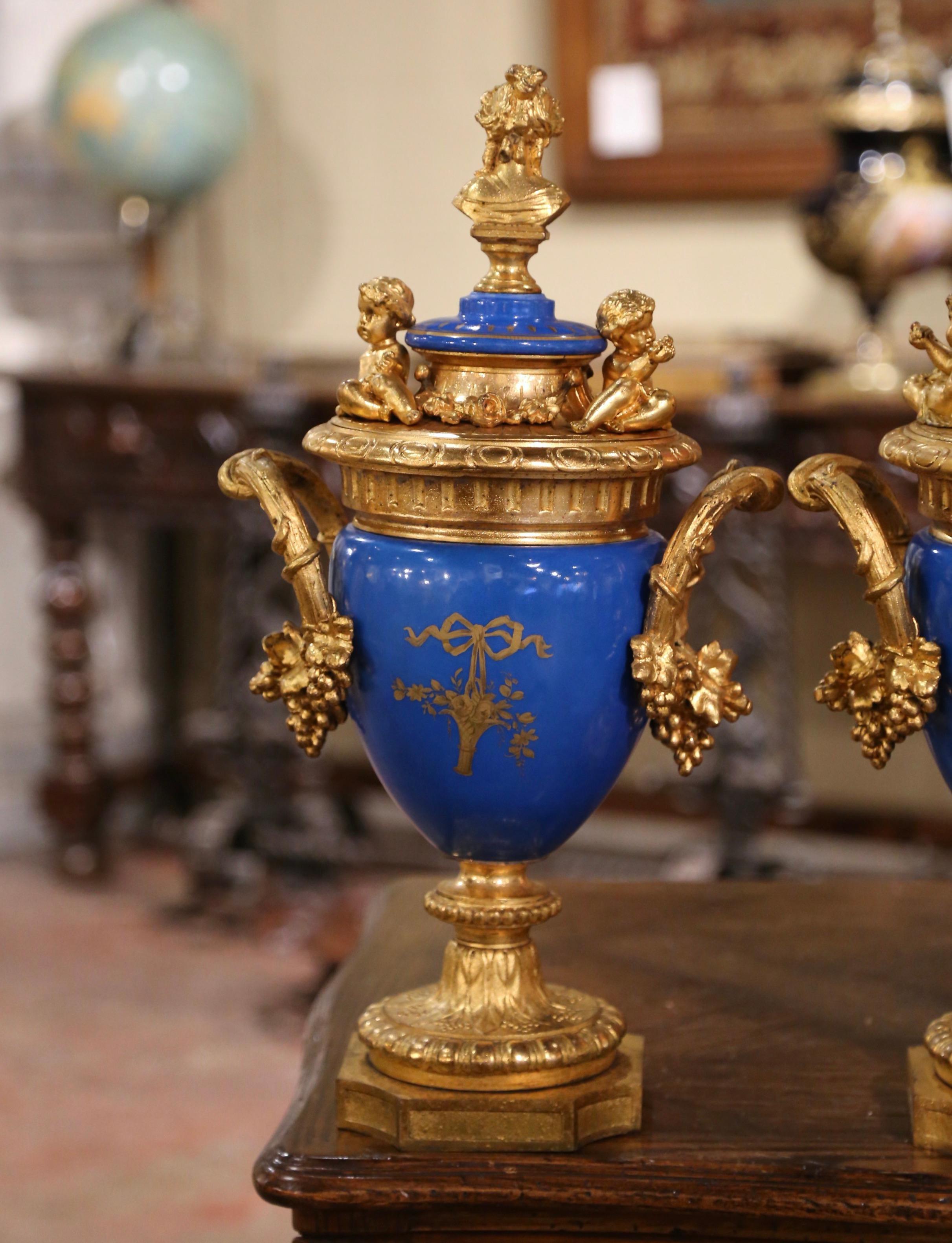 Pair of 19th Century French Blue Porcelain and Gilt Bronze Sèvres Urns Vases For Sale 7