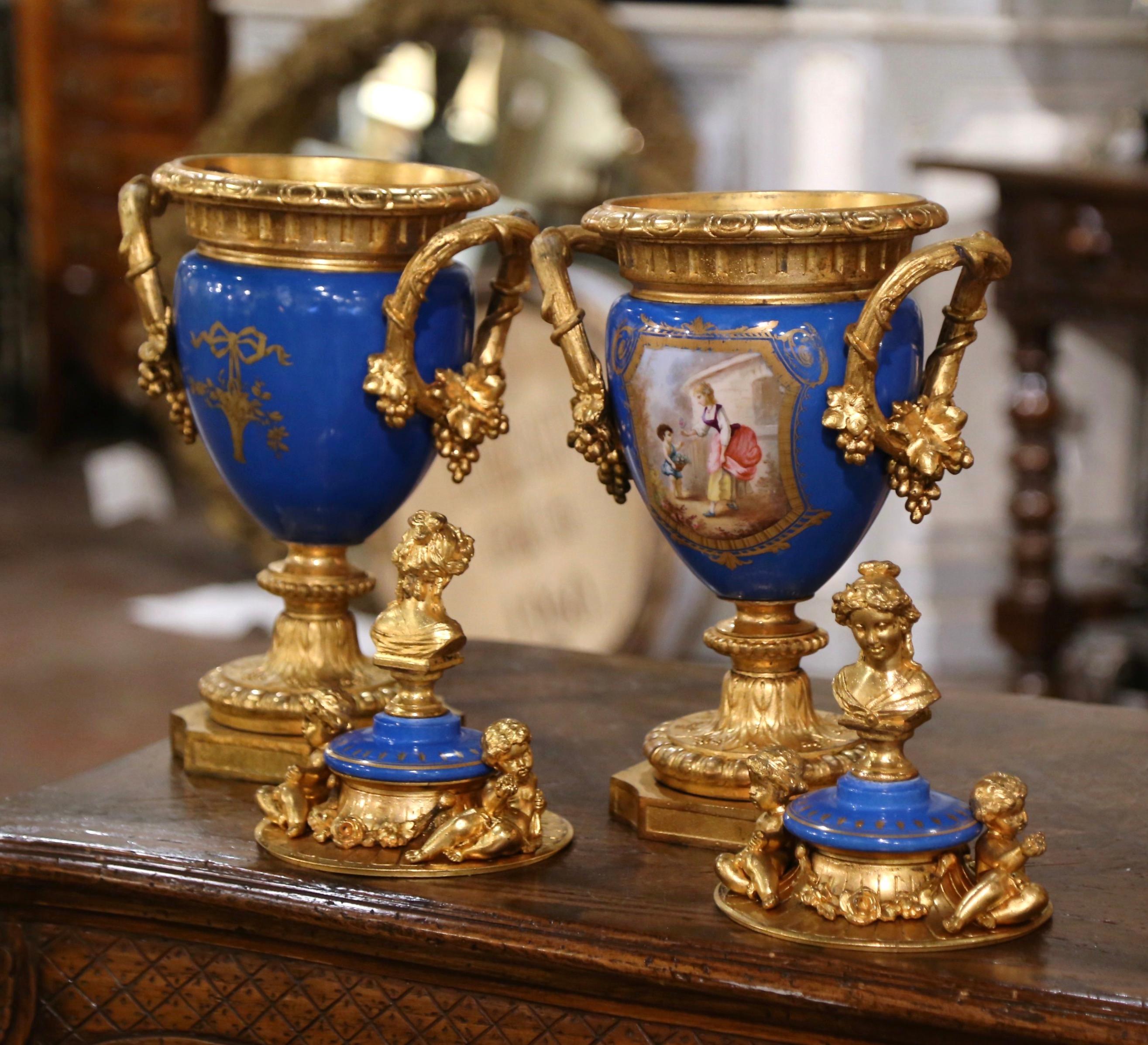 Pair of 19th Century French Blue Porcelain and Gilt Bronze Sèvres Urns Vases For Sale 8