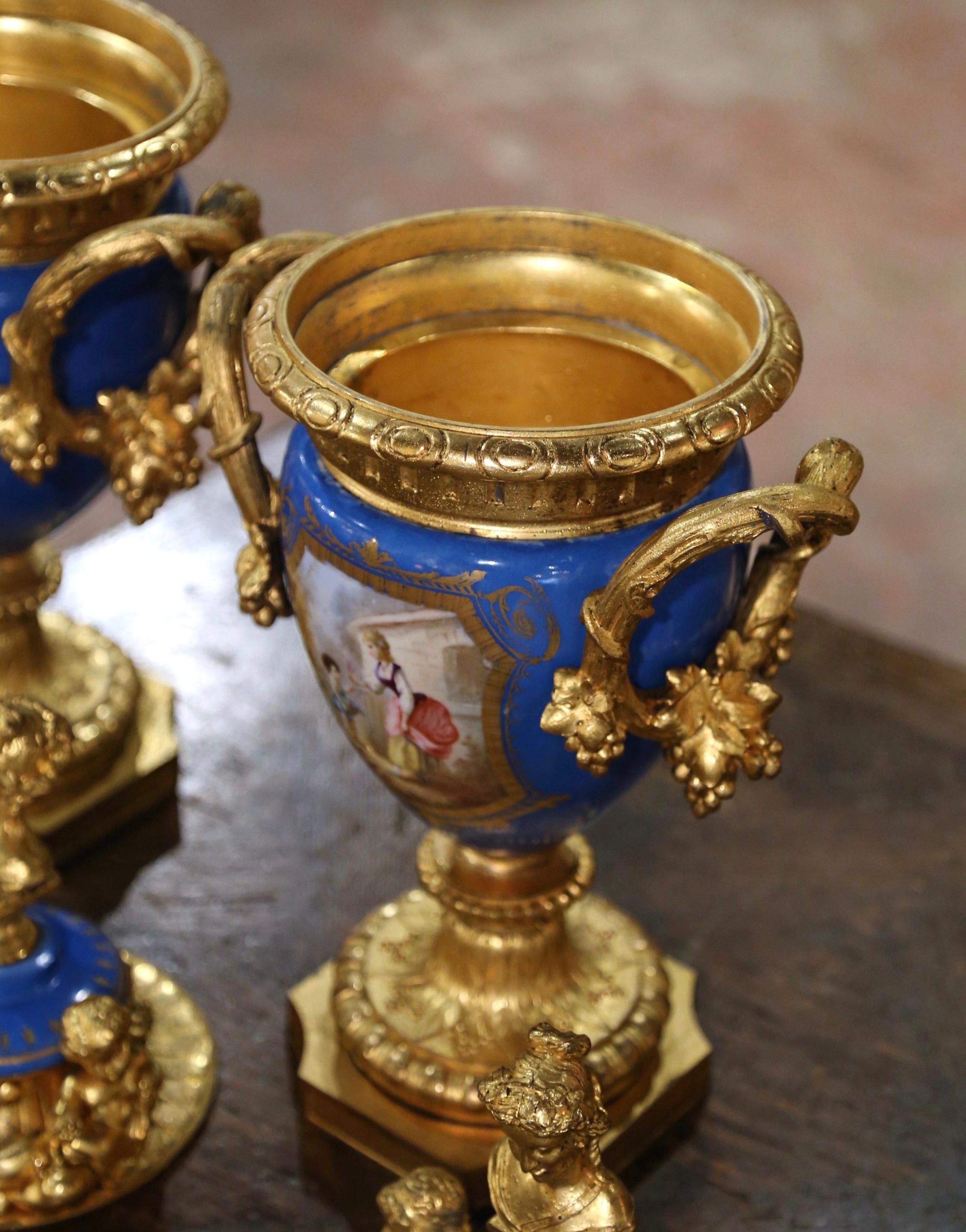 Pair of 19th Century French Blue Porcelain and Gilt Bronze Sèvres Urns Vases For Sale 10