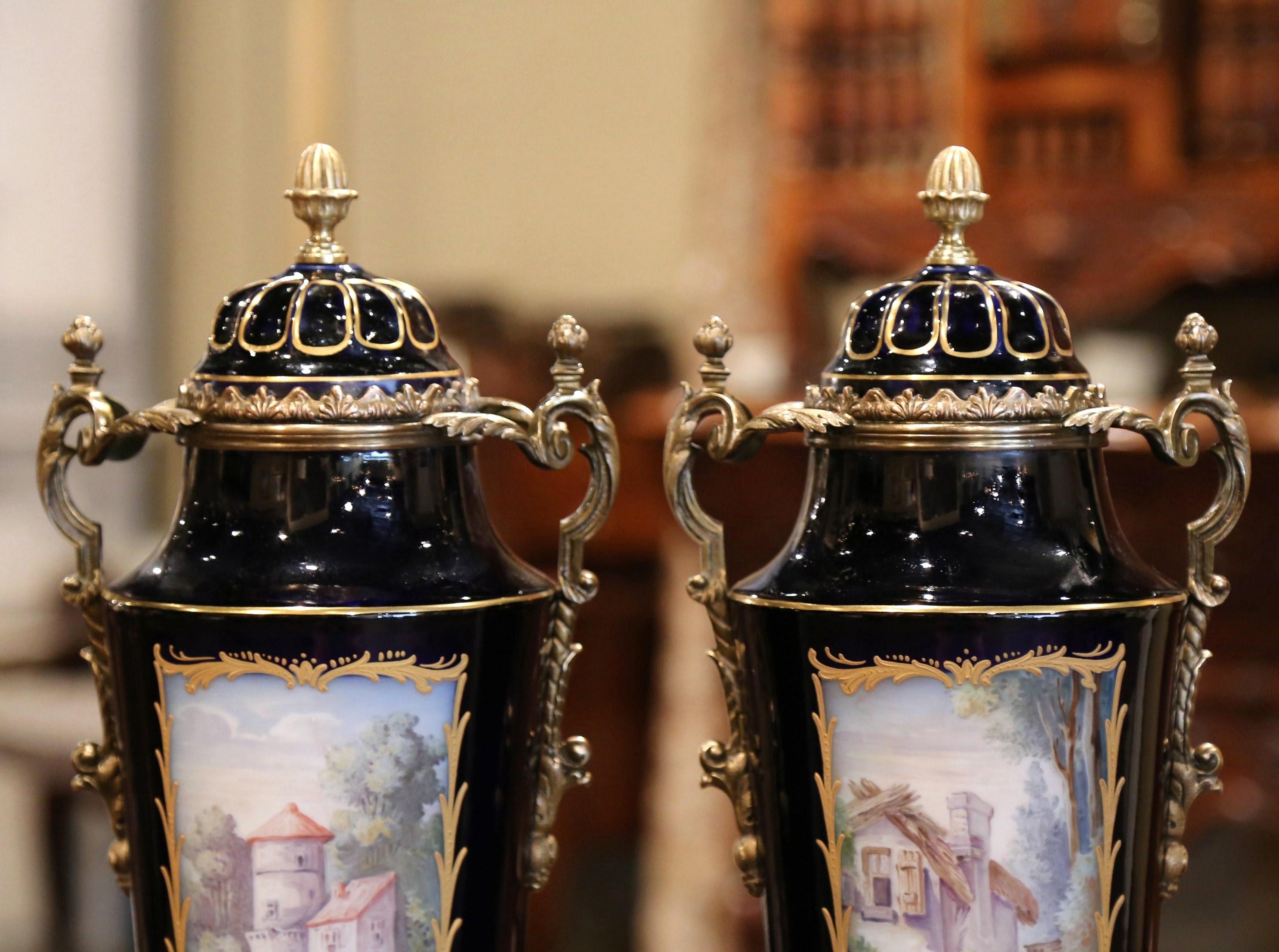 Pair of 19th Century French Blue Royal Porcelain and Bronze Sevres Urns 6