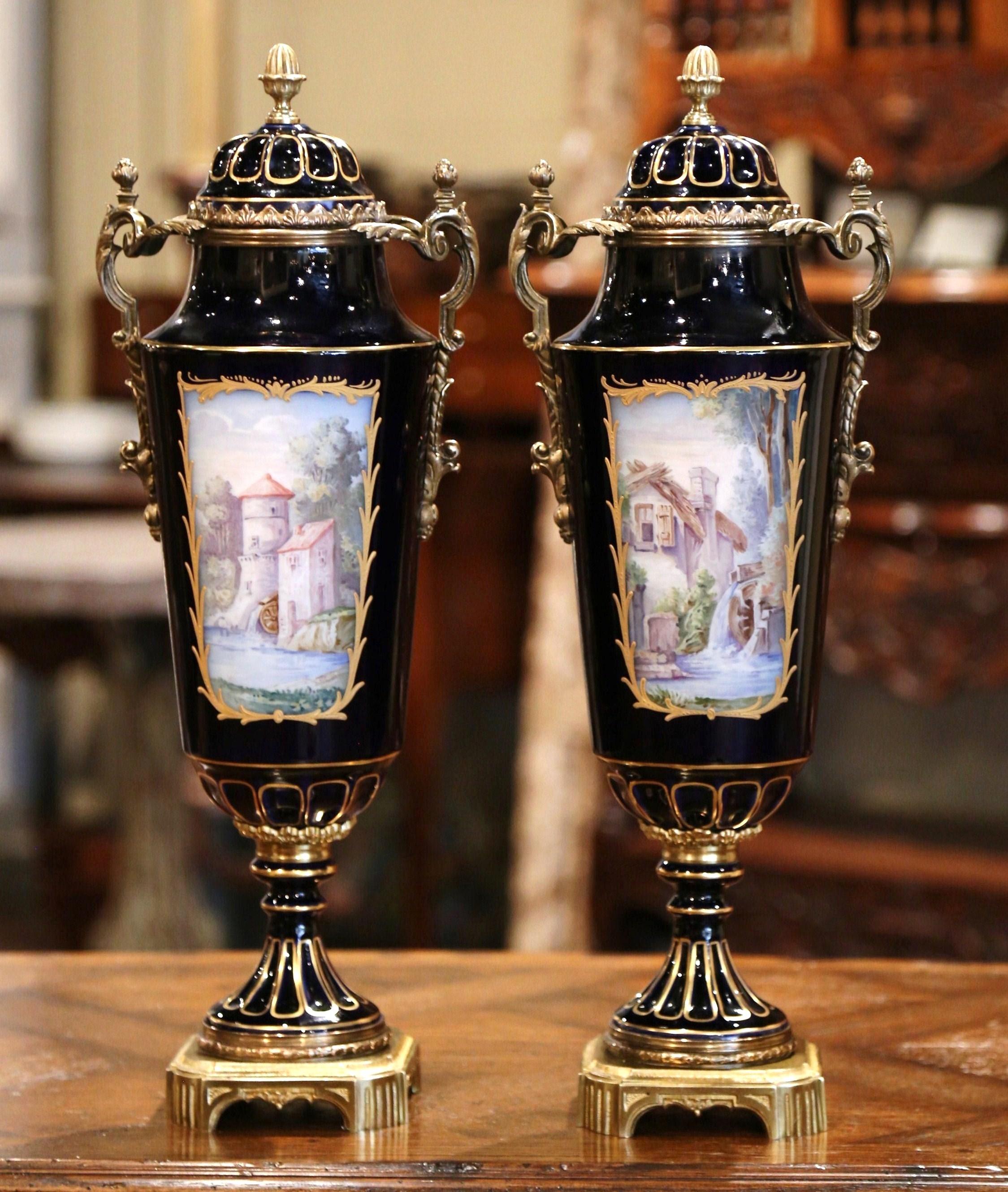 Pair of 19th Century French Blue Royal Porcelain and Bronze Sevres Urns In Excellent Condition In Dallas, TX