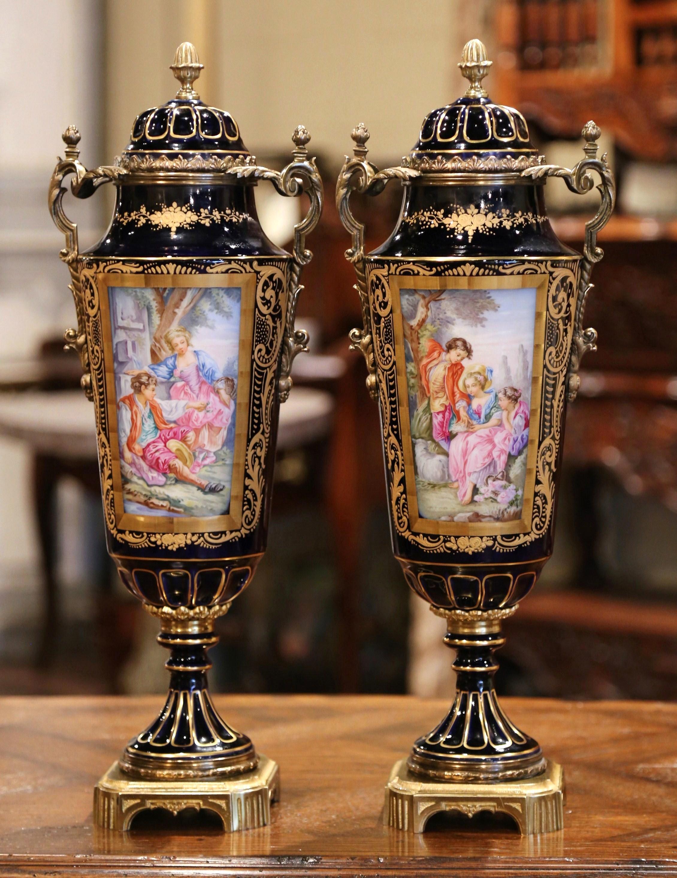 Pair of 19th Century French Blue Royal Porcelain and Bronze Sevres Urns 2