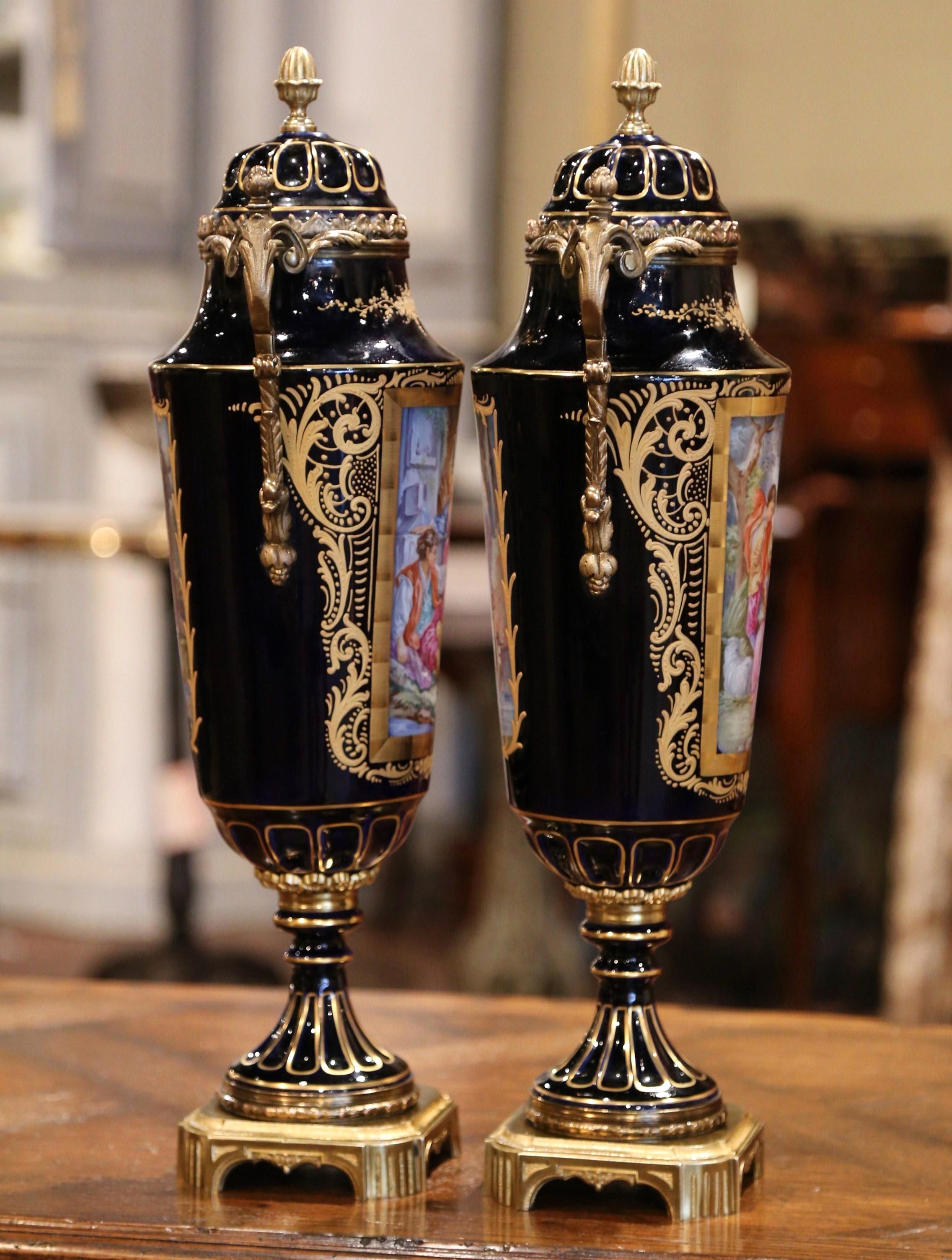 Pair of 19th Century French Blue Royal Porcelain and Bronze Sevres Urns 4