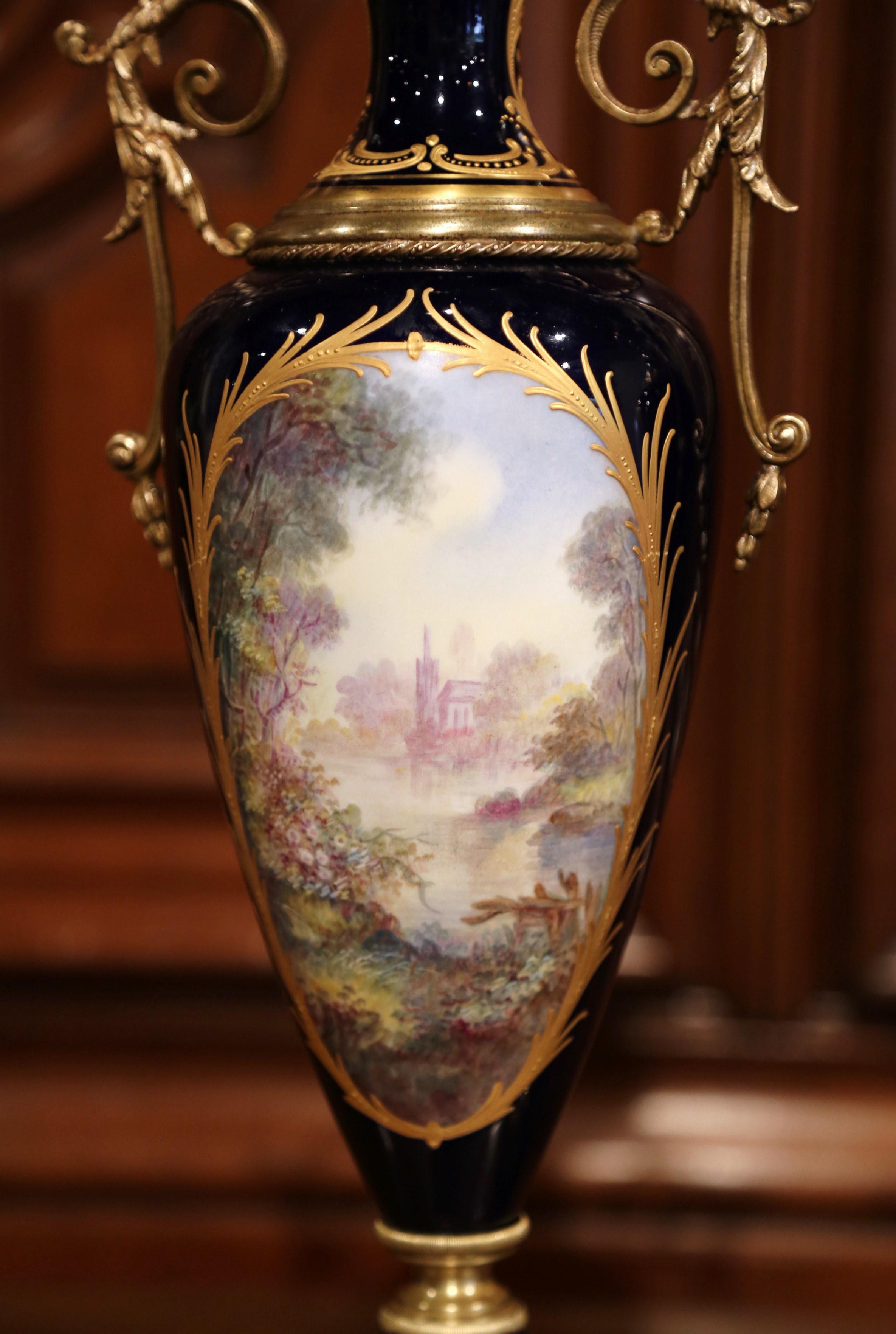 Pair of 19th Century French Blue Royal Porcelain Sevres Vases Signed L. Bertren 6