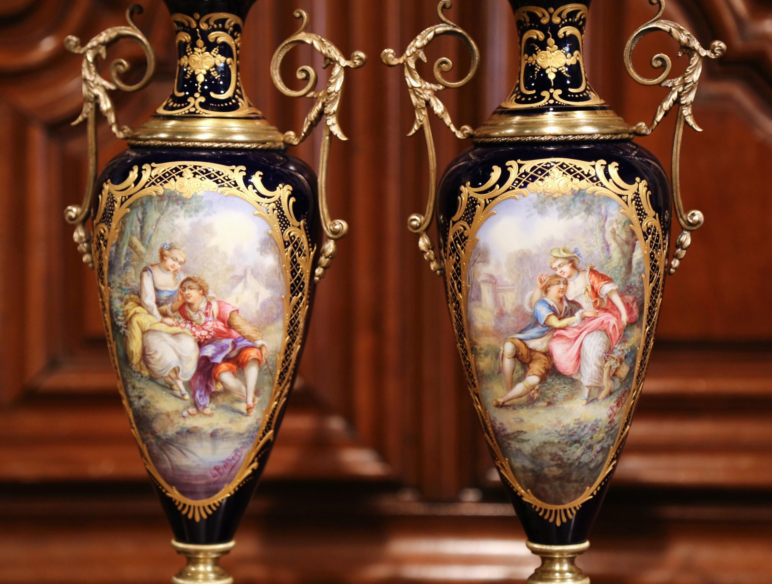 Patinated Pair of 19th Century French Blue Royal Porcelain Sevres Vases Signed L. Bertren