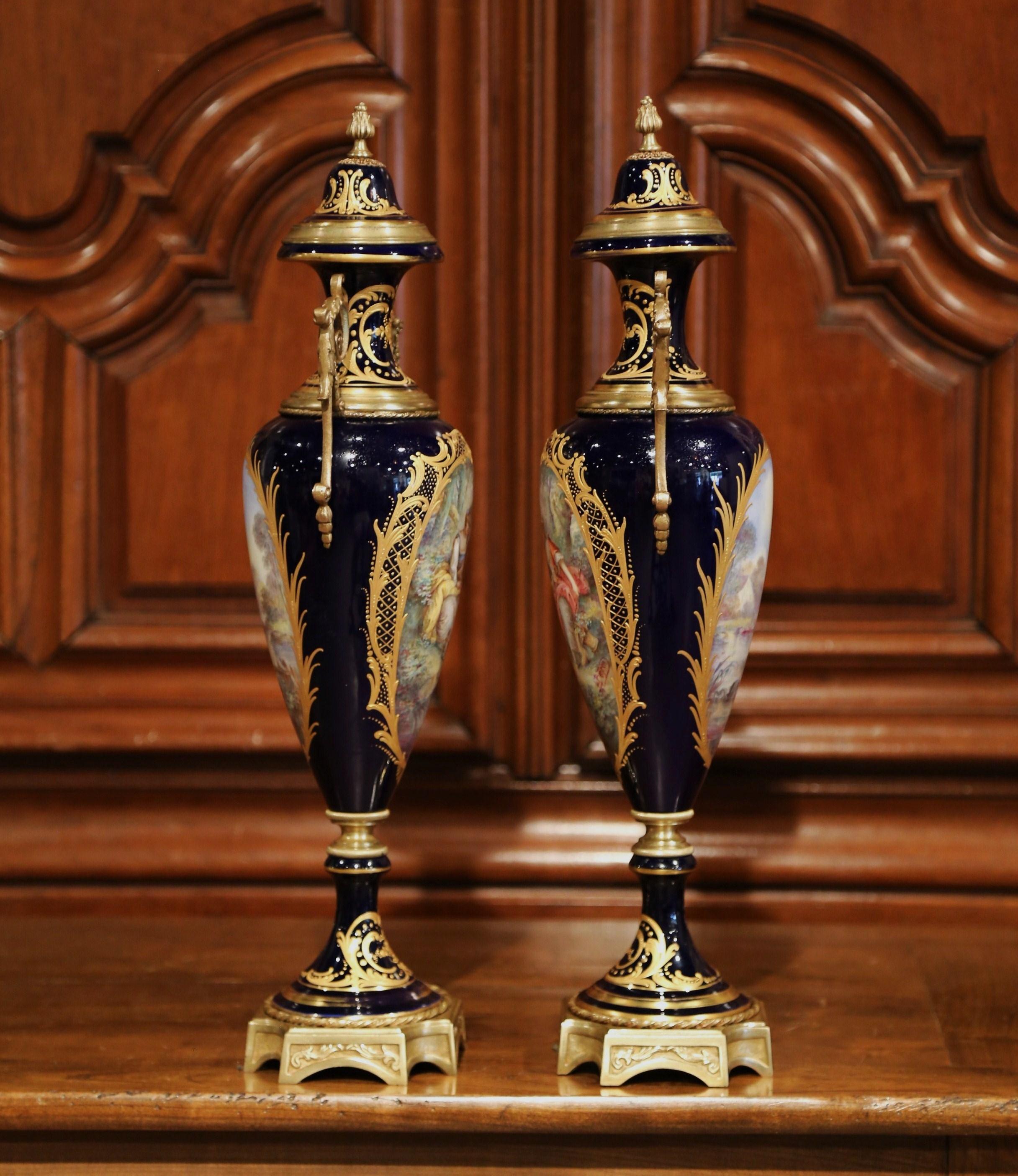 Pair of 19th Century French Blue Royal Porcelain Sevres Vases Signed L. Bertren In Excellent Condition In Dallas, TX