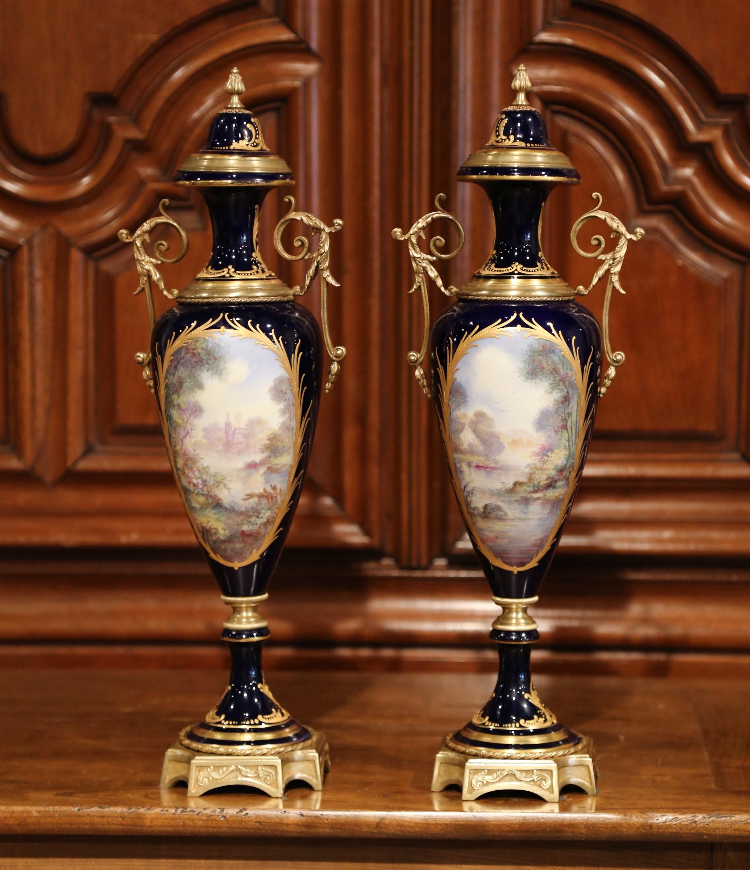 Bronze Pair of 19th Century French Blue Royal Porcelain Sevres Vases Signed L. Bertren
