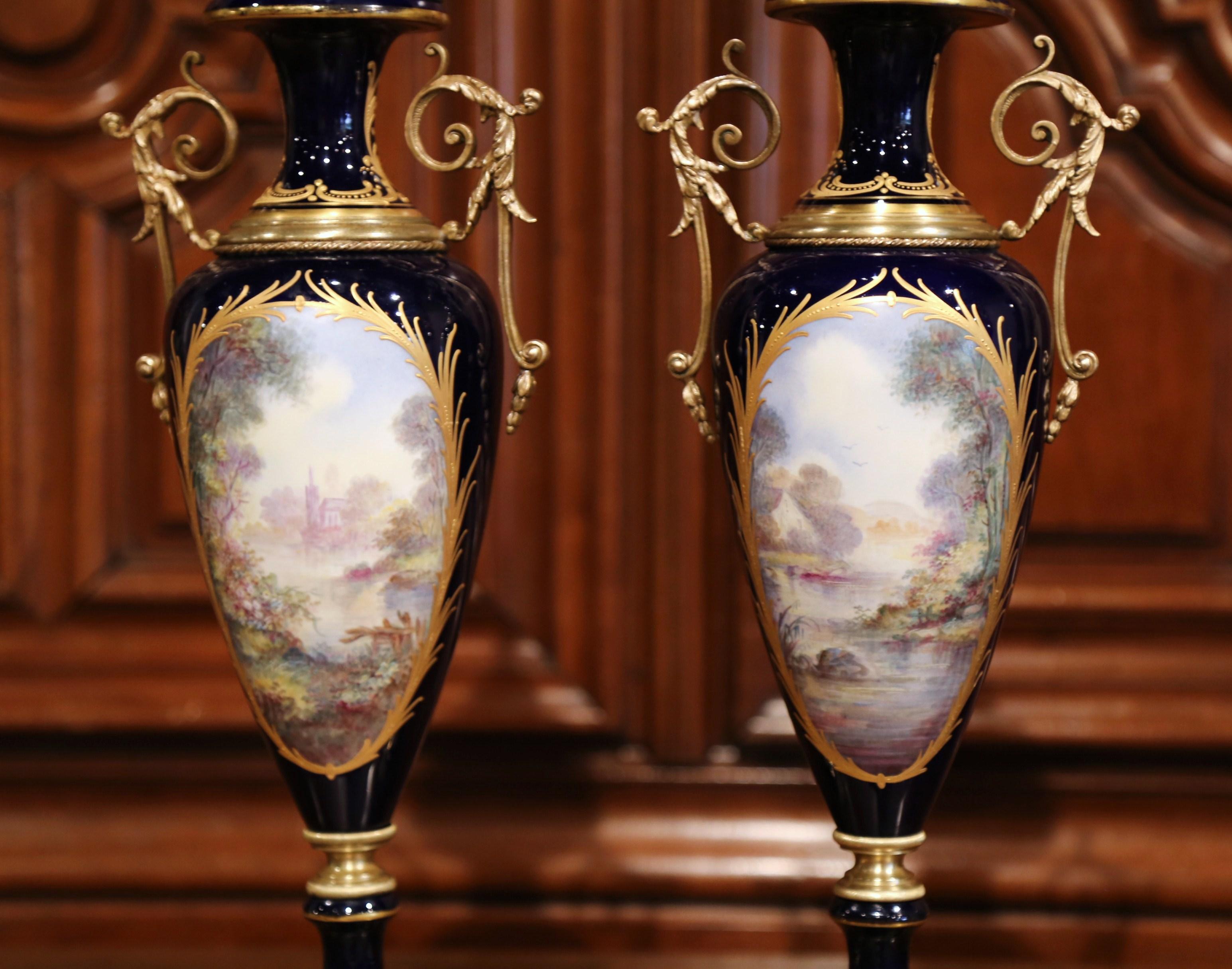 Pair of 19th Century French Blue Royal Porcelain Sevres Vases Signed L. Bertren 1