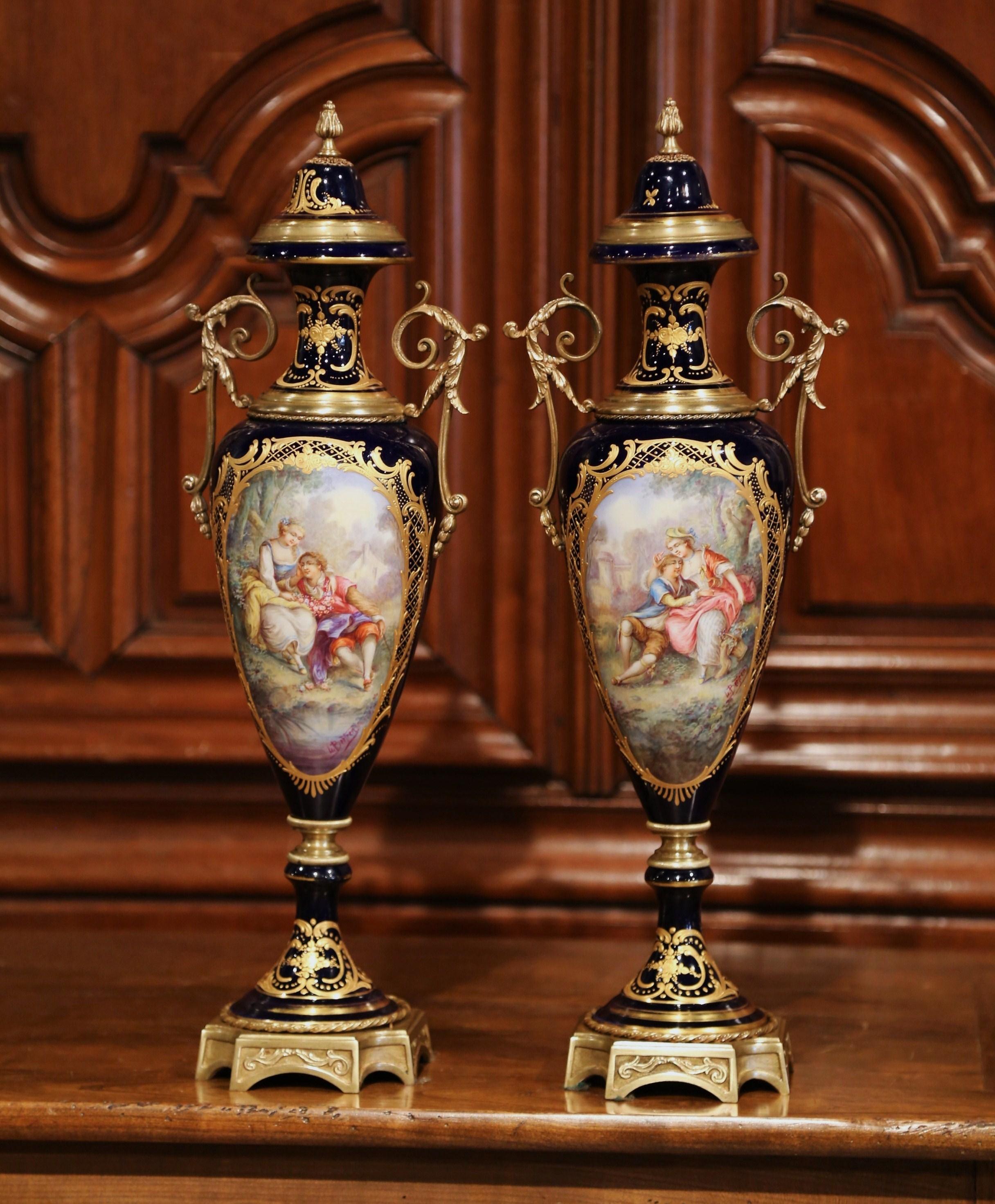 Pair of 19th Century French Blue Royal Porcelain Sevres Vases Signed L. Bertren 2